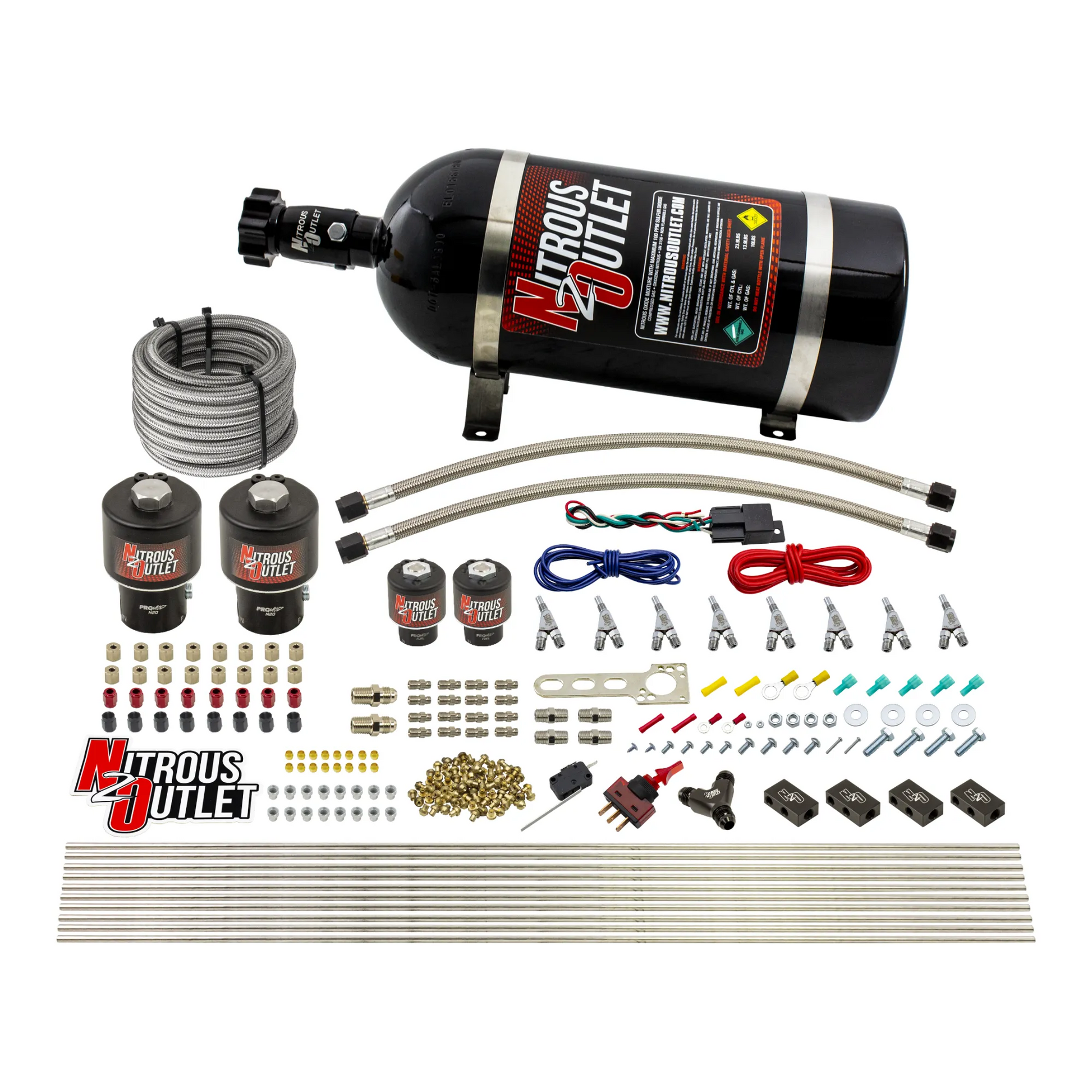 Nitrous Outlet 8 Cylinder Direct Port System - Two .178 Trashcan Nitrous Solenoids/Two .177 Fuel Solenoids/Compact Distribution Blocks/Compression Fittings/Annular Discharge Nozzles (Alcohol)(5-7-10 psi)(100-400HP)(15lb Bottle)