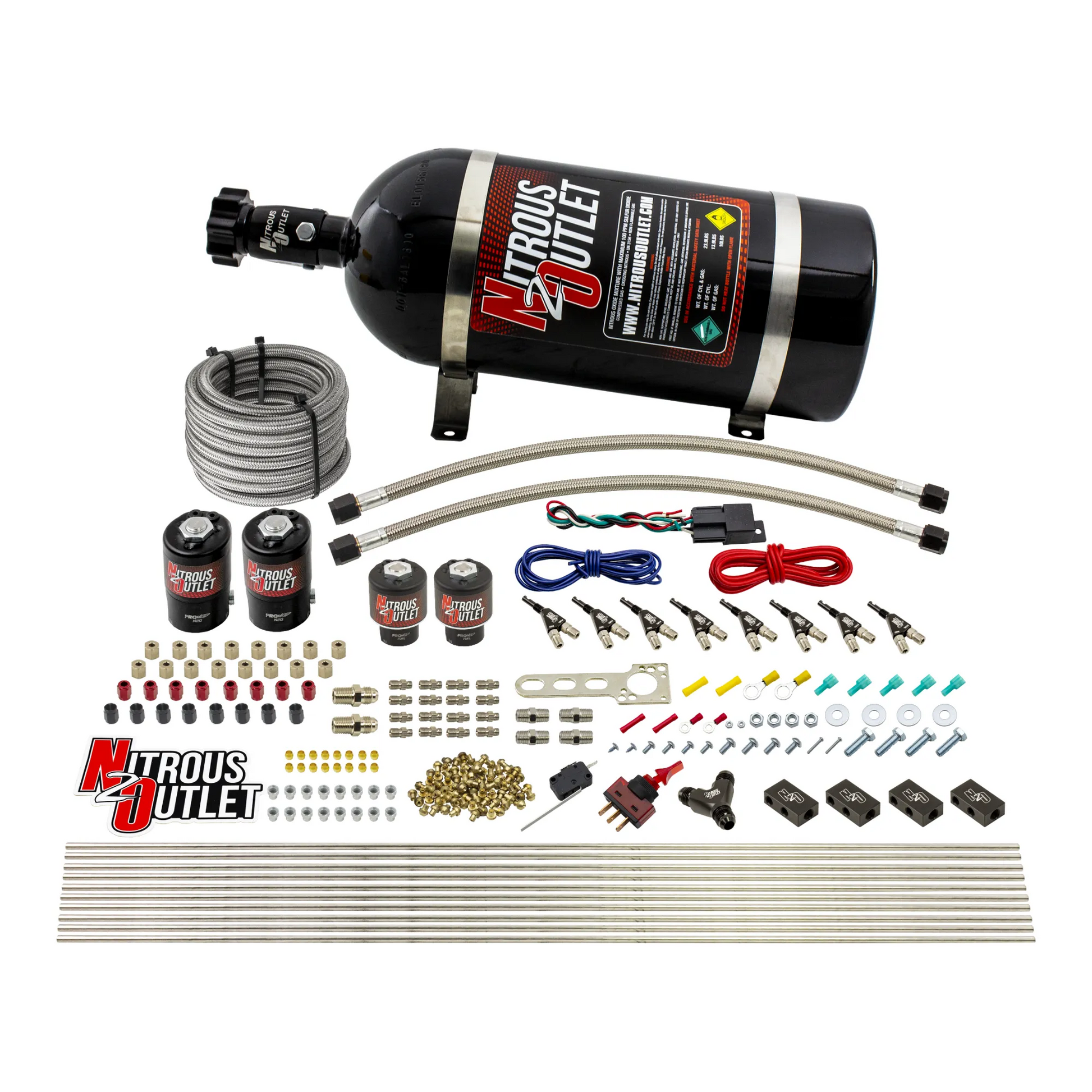 Nitrous Outlet 8 Cylinder Direct Port System - Two .122 Nitrous Solenoids/Two .177 Fuel Solenoids/Compact Distribution Blocks/Compression Fittings/90 Degree Discharge Nozzles (E85)(5-7-10 psi)(100-400HP)(12lb Bottle)