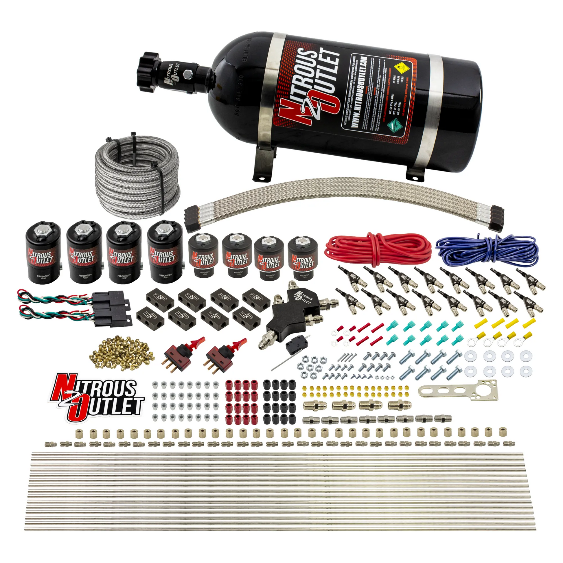 Nitrous Outlet 8 Cylinder Dual Stage Direct Port System - Four .122 Nitrous Solenoids/Four .177 Fuel Solenoids/Compact Distribution Blocks/Compression Fittings/90 Degree Discharge Nozzles (E85)(5-7-10 psi)(100-400HP)(No Bottle)