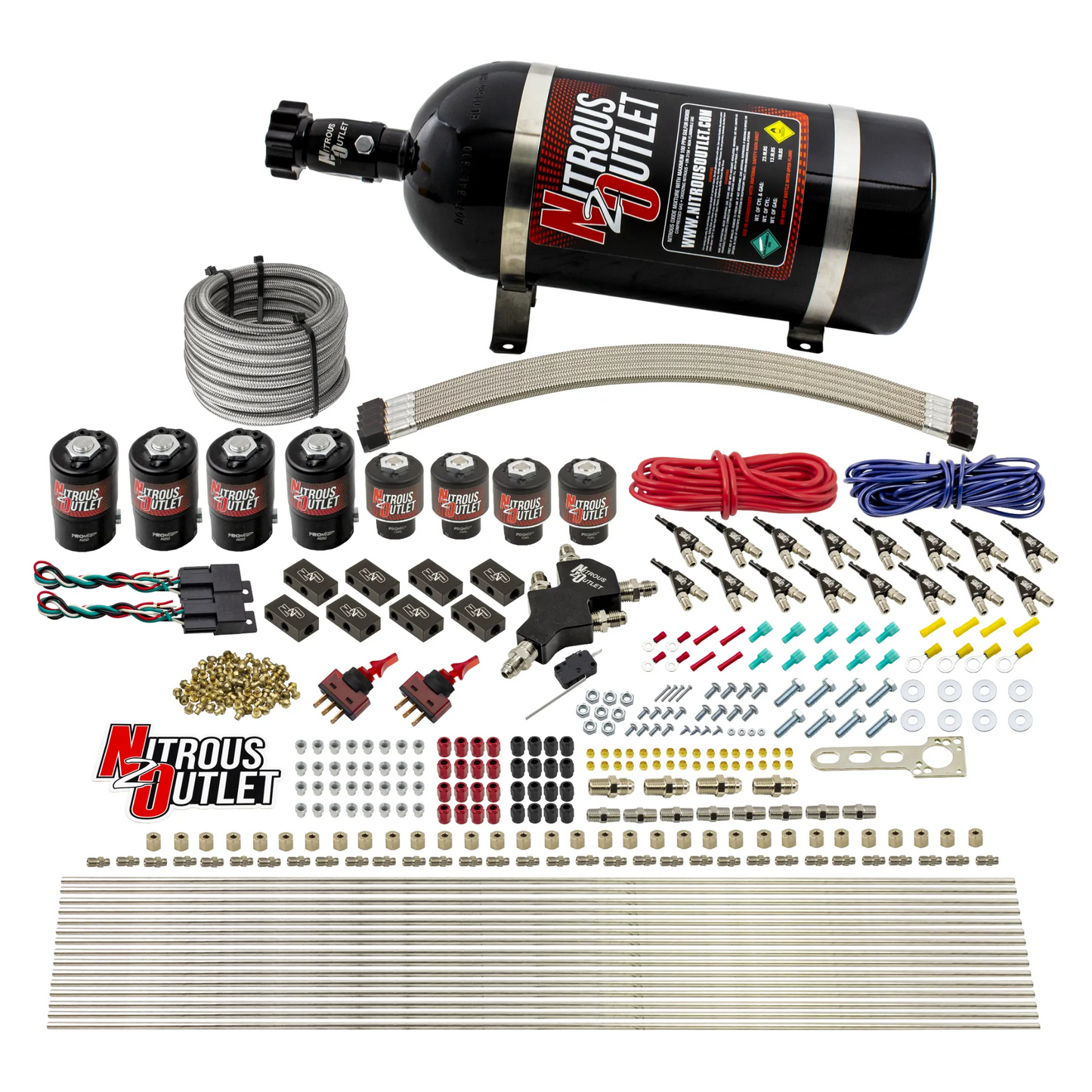 Nitrous Outlet 8 Cylinder Dual Stage Direct Port System - Four .122 Nitrous Solenoids/Four .177 Fuel Solenoids/Compact Distribution Blocks/Compression Fittings/90 Degree Discharge Nozzles (E85)(5-7-10 psi)(100-400HP)(15lb Bottle)
