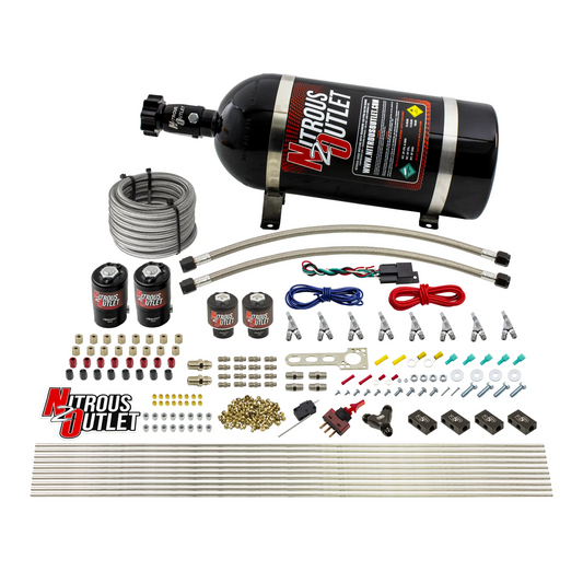 Nitrous Outlet 8 Cylinder Direct Port System - Two .122 Nitrous Solenoids/Two .177 Fuel Solenoids/Compact Distribution Blocks/Compression Fittings/Annular Discharge Nozzles (E85)(5-7-10 psi)(100-400HP)(15lb Bottle)