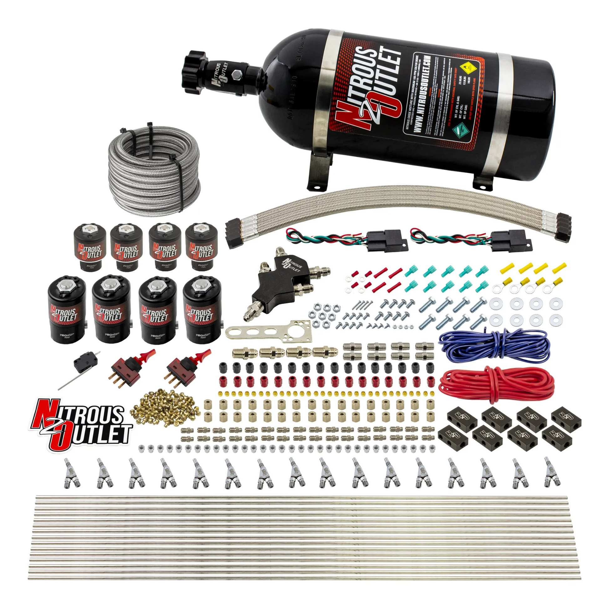 Nitrous Outlet 8 Cylinder Dual Stage Direct Port System - Four .122 Nitrous Solenoids/Four .177 Fuel Solenoids/Compact Distribution Blocks/Compression Fittings/Annular Discharge Nozzles (E85)(5-7-10 psi)(100-400HP)(No Bottle)