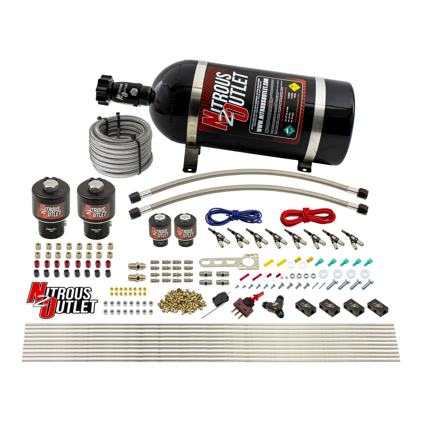 Nitrous Outlet 8 Cylinder Direct Port System - Two .178 Trashcan Nitrous Solenoids/Two .177 Fuel Solenoids/Compact Distribution Blocks/Compression Fittings/90 Degree Discharge Nozzles (E85)(5-7-10 psi)(100-400HP)(No Bottle)