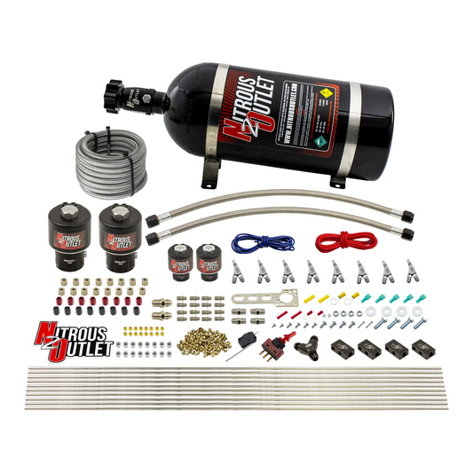 Nitrous Outlet 8 Cylinder Direct Port System - Two .178 Trashcan Nitrous Solenoids/Two .177 Fuel Solenoids/Compact Distribution Blocks/Compression Fittings/Annular Discharge Nozzles (E85)(5-7-10 psi)(100-400HP)(15lb Bottle)