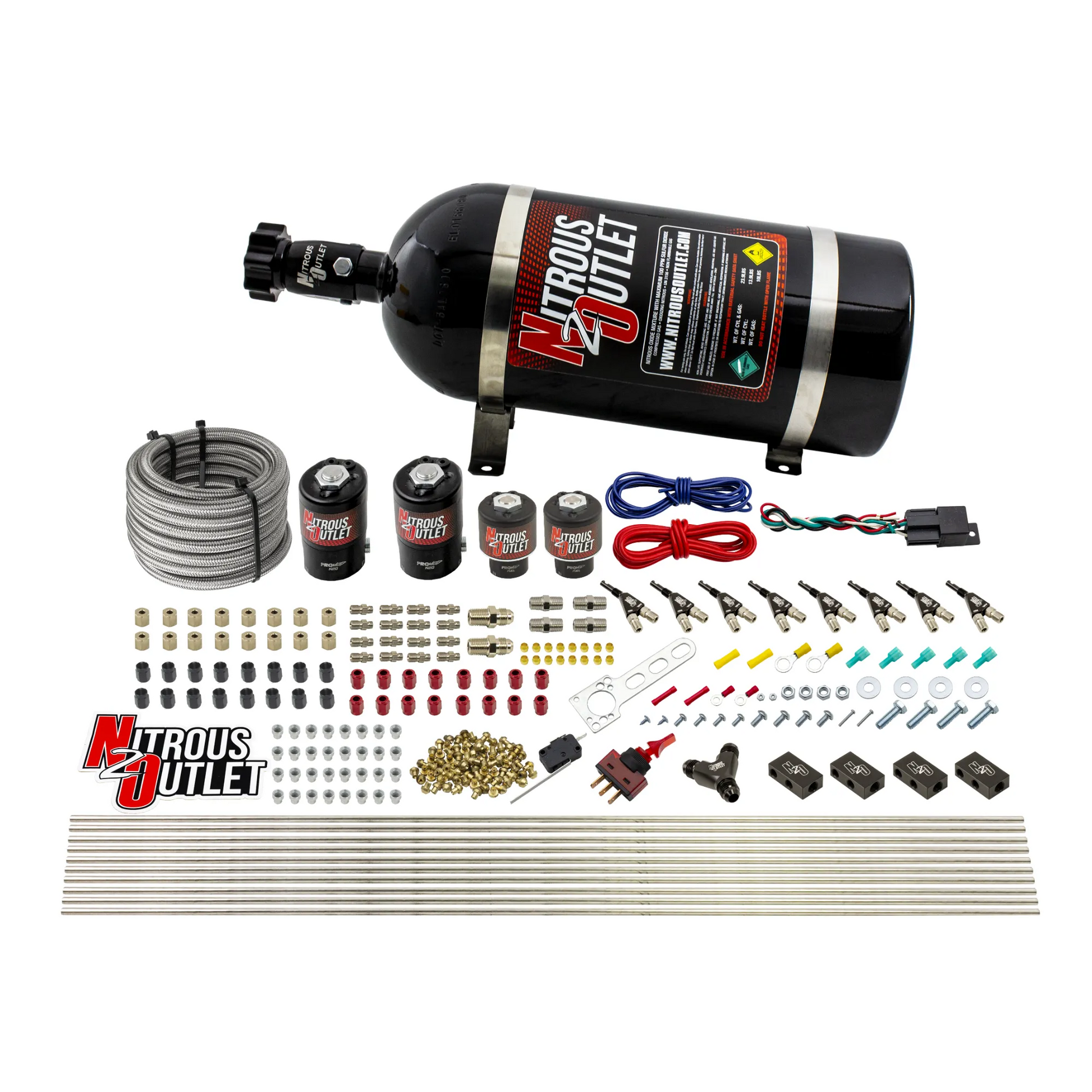 Nitrous Outlet 8 Cylinder Direct Port System - Two .122 Nitrous Solenoids/Two .177 Fuel Solenoids/Compact Distribution Blocks/Compression Fittings/90 Degree Discharge Nozzles (Gas)(5-7-10 psi)(100-400HP)(12lb Bottle)