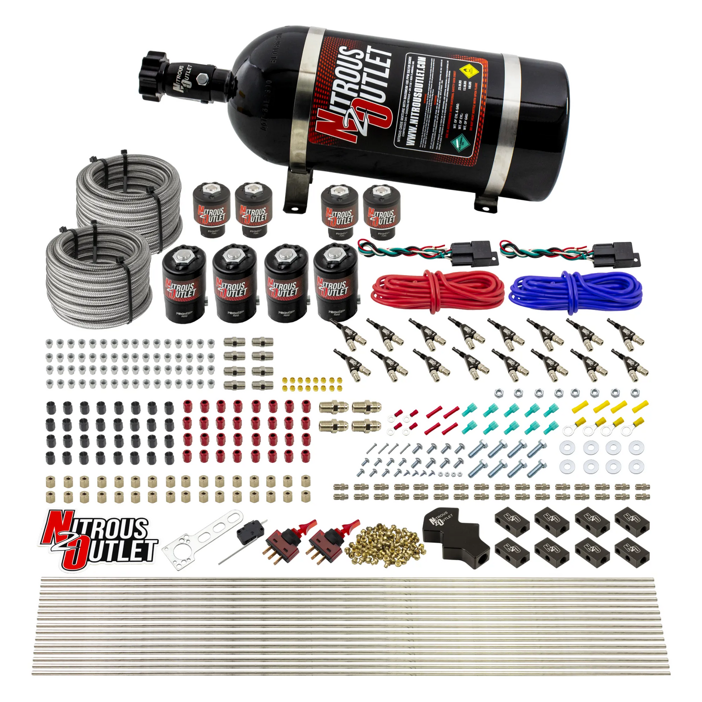 Nitrous Outlet 8 Cylinder Dual Stage Direct Port System - Four .122 Nitrous Solenoids/Four .177 Fuel Solenoids/Compact Distribution Blocks/Compression Fittings/90 Degree Discharge Nozzles (Gas)(5-7-10 psi)(100-400HP)(12lb Bottle)