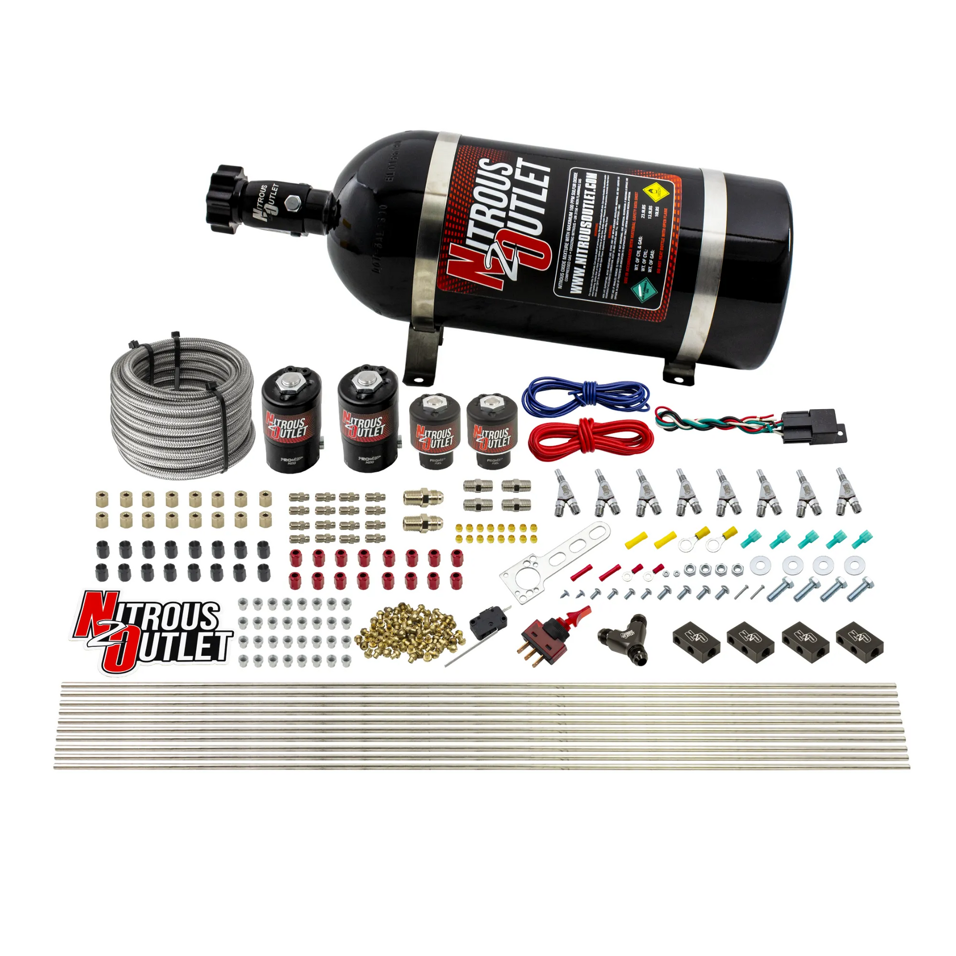 Nitrous Outlet 8 Cylinder Direct Port System - Two .122 Nitrous Solenoids/Two .177 Fuel Solenoids/Compact Distribution Blocks/Compression Fittings/Annular Discharge Nozzles (Gas)(5-7-10 psi)(100-400HP)(15lb Bottle)
