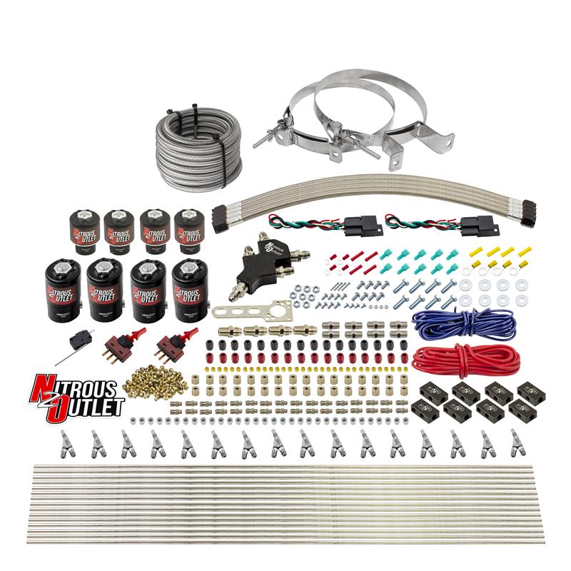 Nitrous Outlet 8 Cylinder Dual Stage Direct Port System - Four .122 Nitrous Solenoids/Four .177 Fuel Solenoids/Compact Distribution Blocks/Compression Fittings/Annular Discharge Nozzles (Gas)(5-7-10 psi)(100-400HP)(12lb Bottle)