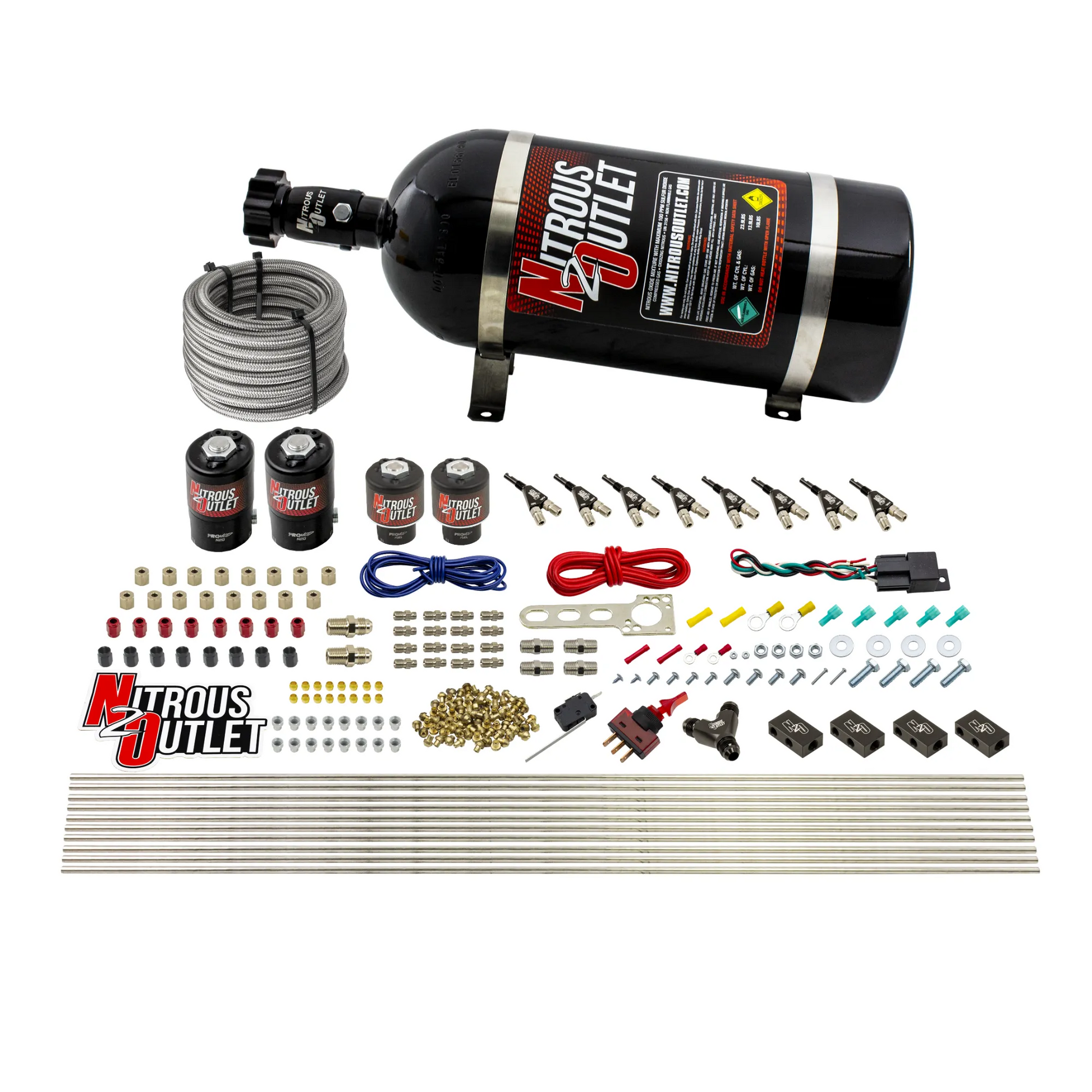 Nitrous Outlet 8 Cylinder Direct Port System - Two .112 Nitrous Solenoids/Two .177 Fuel Solenoids/Compact Distribution Blocks/Compression Fittings/90 Degree Discharge Nozzles (Gas)(5-7-10 psi)(100-400HP)(No Bottle)