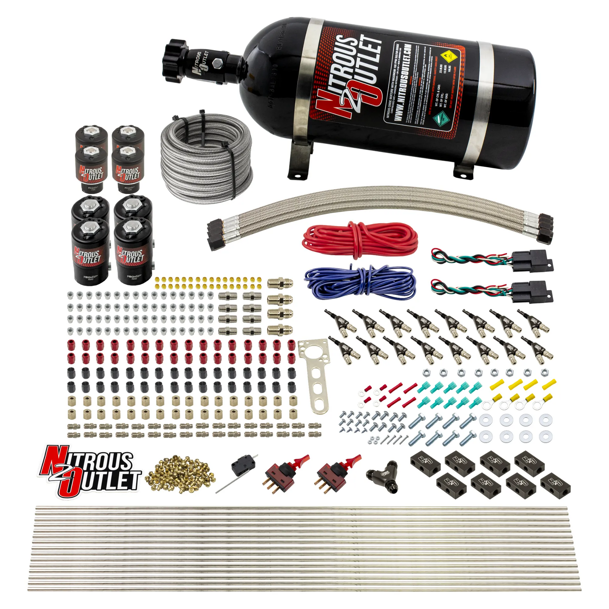 Nitrous Outlet 8 Cylinder Dual Stage Direct Port System - Four .122 Nitrous Solenoids/Four .177 Fuel Solenoids/Compact Distribution Blocks/Compression Fittings/90 Degree Discharge Nozzles (E85)(45-55 psi)(100-400HP)(No Bottle)