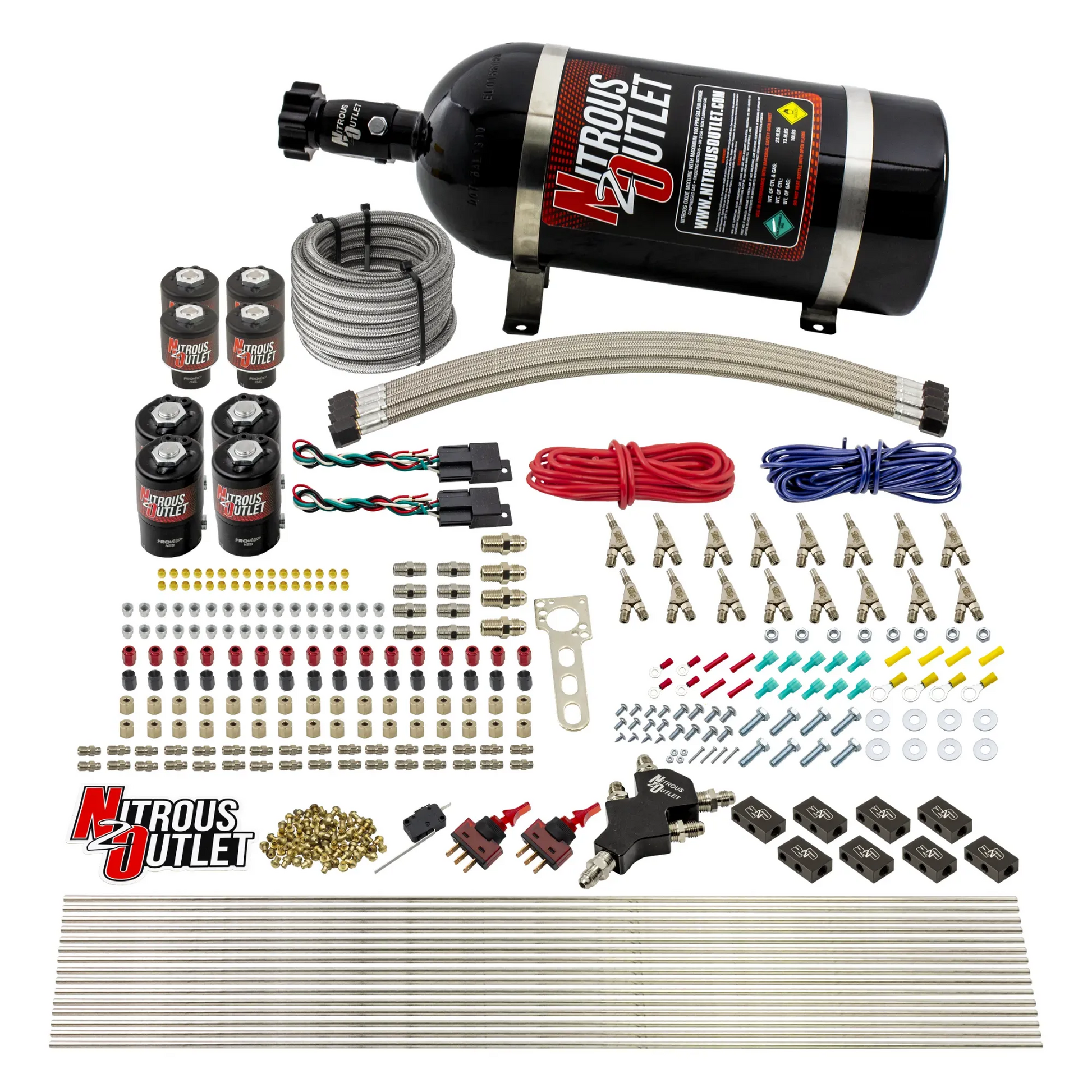 Nitrous Outlet 8 Cylinder Dual Stage Direct Port System - Four .112 Nitrous Solenoids/Four .177 Fuel Solenoids/Compact Distribution Blocks/Compression Fittings/Annular Discharge Nozzles (E85)(45-55 psi)(100-400HP)(15lb Bottle)
