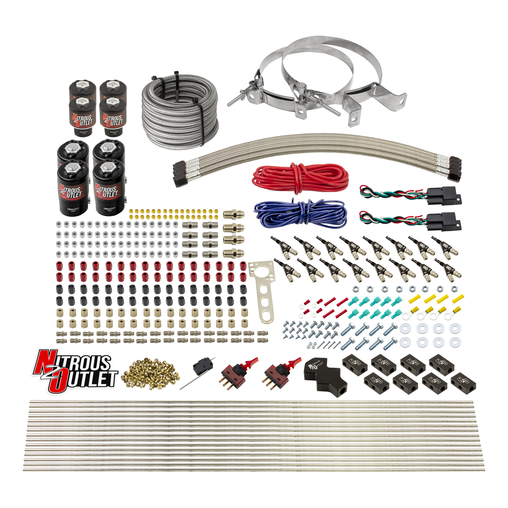 Nitrous Outlet 8 Cylinder Dual Stage Direct Port System - Four .122 Nitrous Solenoids/Four .177 Fuel Solenoids/Compact Distribution Blocks/Compression Fittings/90 Degree Discharge Nozzles (Gas)(45-55 psi)(100-400HP)(No Bottle)