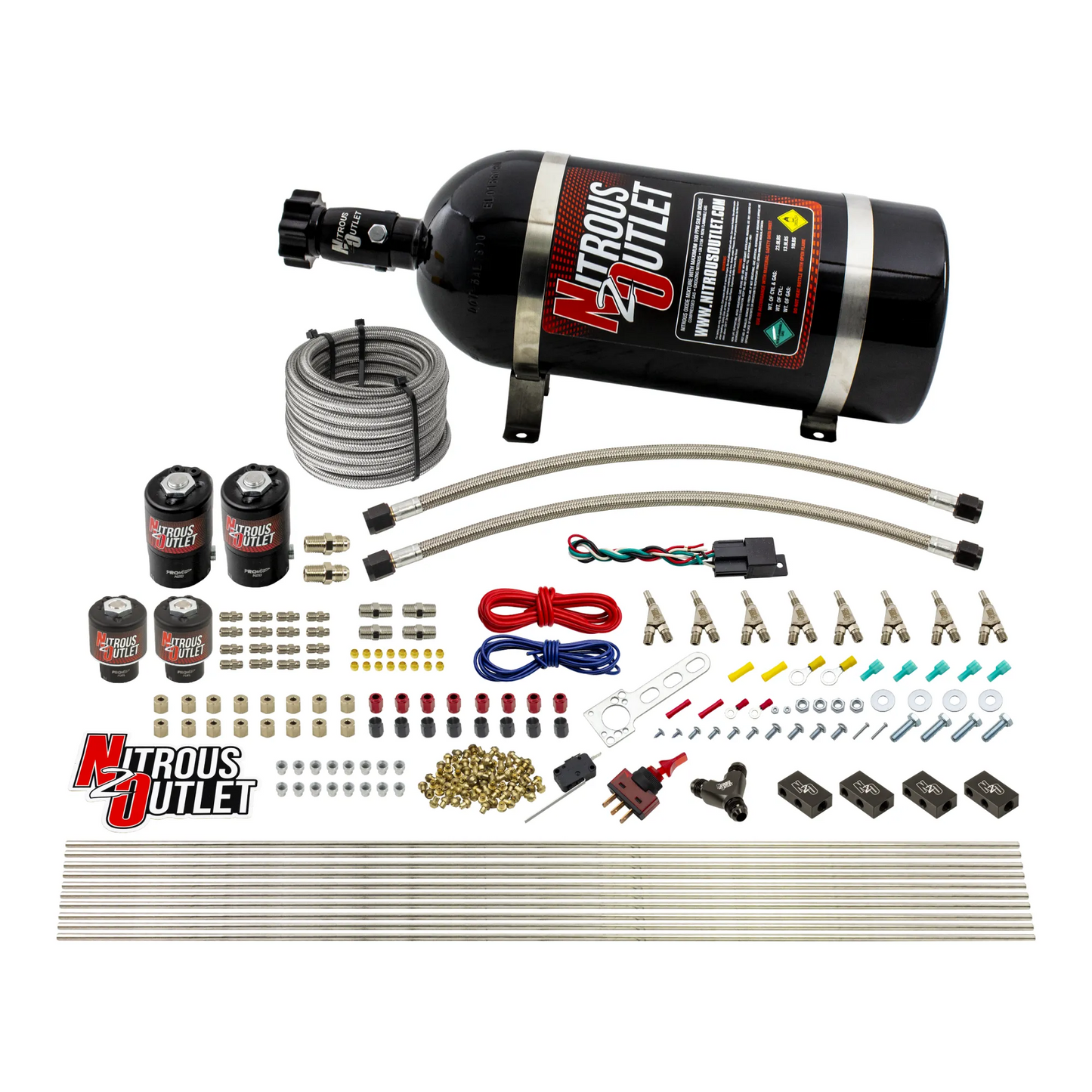 Nitrous Outlet 8 Cylinder Direct Port System - Two .112 Nitrous Solenoids/Two .177 Fuel Solenoids/Compact Distribution Blocks/Compression Fittings/Annular Discharge Nozzles (Gas)(45-55 psi)(100-400HP)(No Bottle)