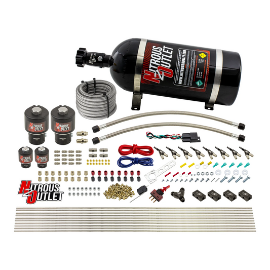 Nitrous Outlet 8 Cylinder Direct Port System - Two .178 Trashcan Nitrous Solenoids/Two .177 Fuel Solenoids/Compact Distribution Blocks/Compression Fittings/90 Degree Discharge Nozzles (Gas)(45-55 psi)(100-400HP)(12lb Bottle)