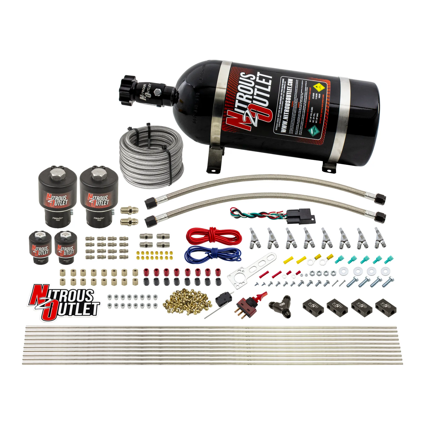 Nitrous Outlet 8 Cylinder Direct Port System - Two .178 Trashcan Nitrous Solenoids/Two .177 Fuel Solenoids/Compact Distribution Blocks/Compression Fittings/Annular Discharge Nozzles (Gas)(45-55 psi)(100-400HP)(15lb Bottle)
