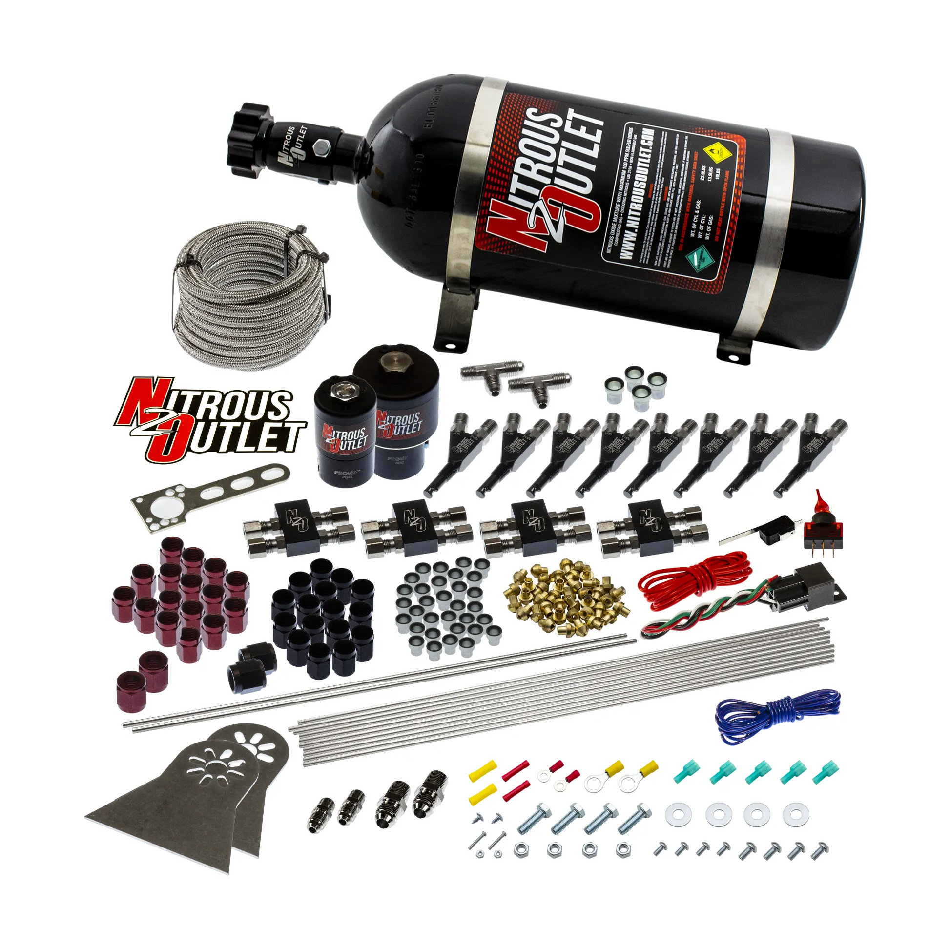 Nitrous Outlet 8 Cylinder Direct Port System - Two .178 Trashcan Nitrous Solenoids/Two .310 Fuel Solenoids/Compact Distribution Blocks/Compression Fittings/90 Degree Discharge Nozzles (Gas)(5-7-10 psi)(100-400 HP)(No Bottle)