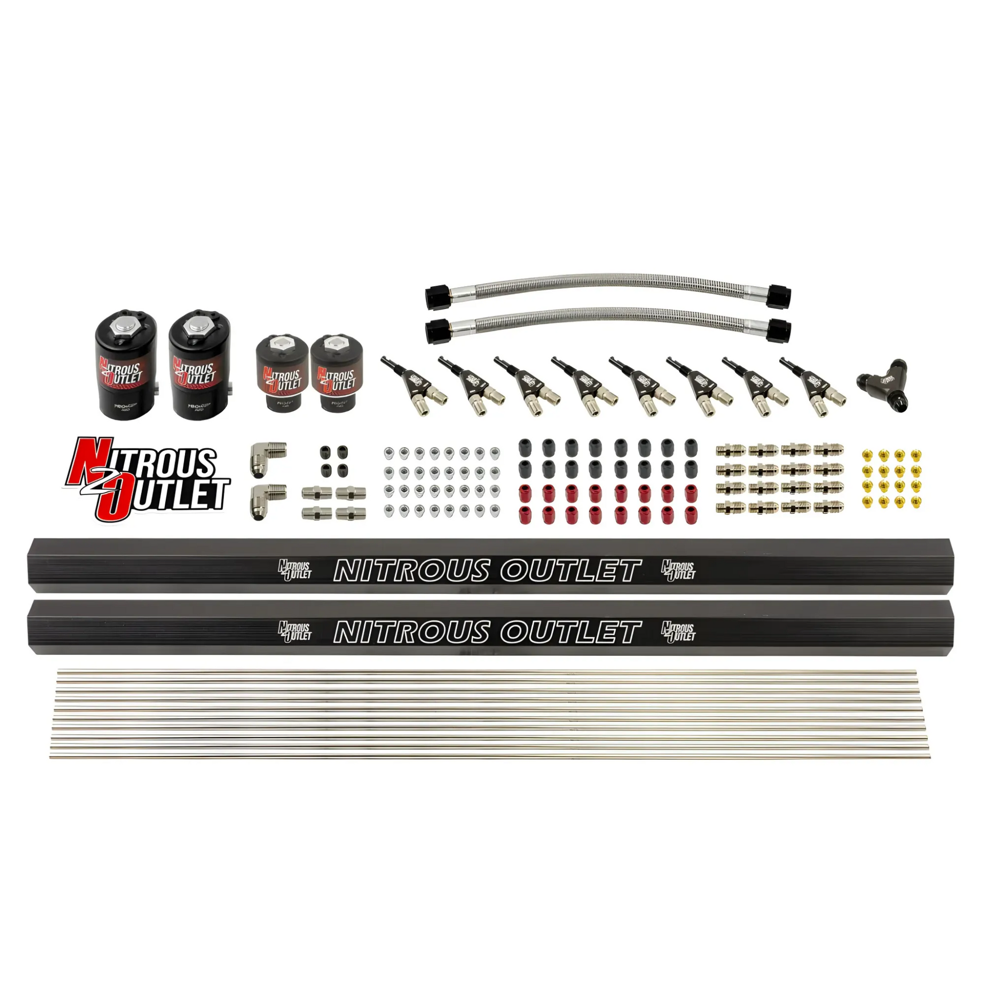 Nitrous Outlet 8 Cylinder Solenoids Forward Direct Port Conversion Kit - Two .112 Nitrous Solenoid/Two .177 Fuel Solenoid/Two Dual Passage Injection Rails/90 Degree Discharge Nozzles (Includes 200HP Jetting - Gas/7 psi)