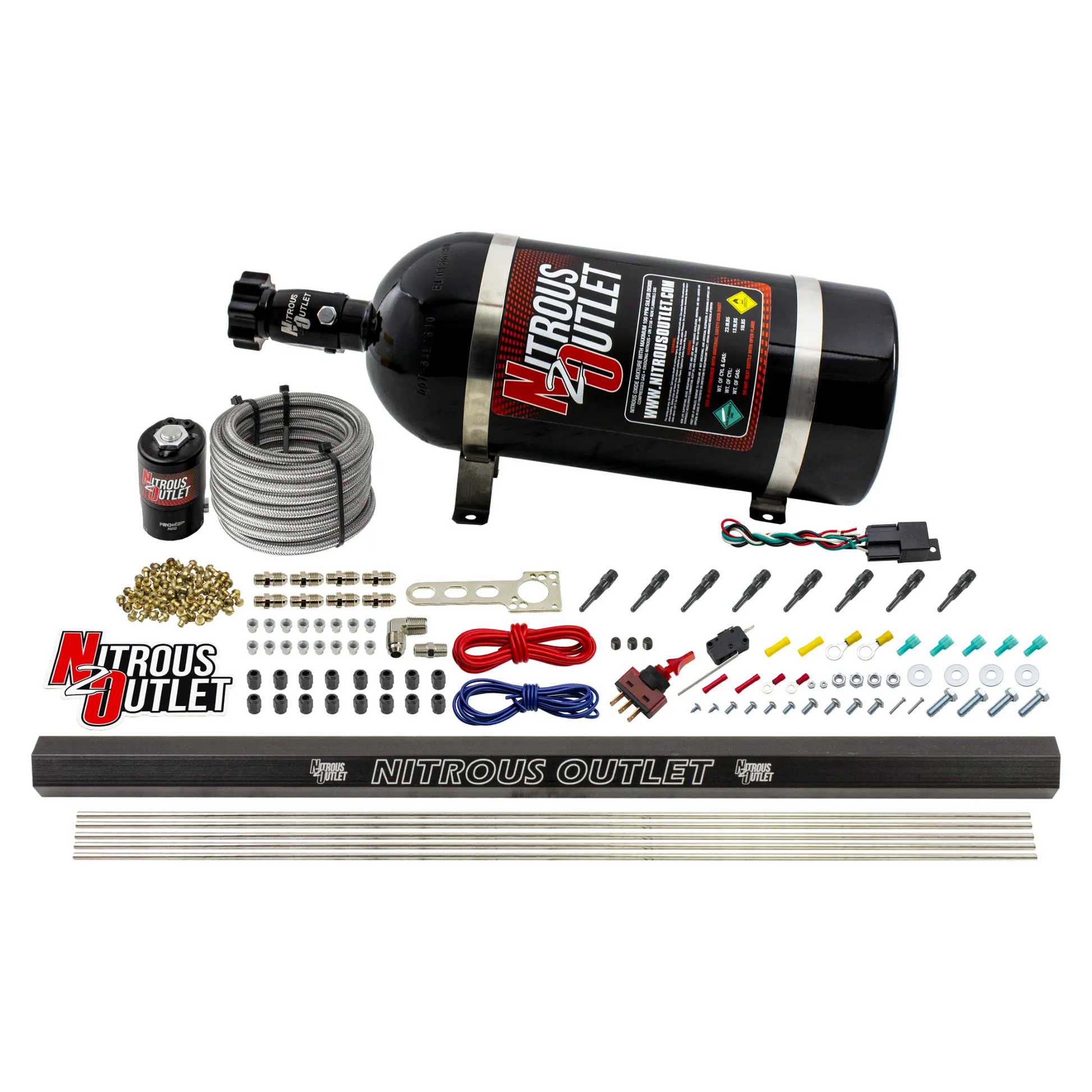 Nitrous Outlet Dry 8 Cylinder Direct Port System - .122 Nitrous Solenoid/Injection Rail/90 Degree Discharge Nozzles (100-400HP)(12lb Bottle)