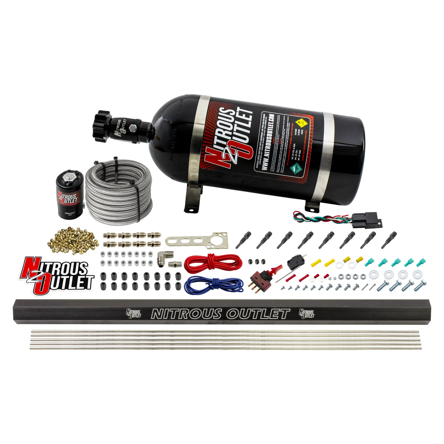 Nitrous Outlet Dry 8 Cylinder Direct Port System - .122 Nitrous Solenoid/Injection Rail/90 Degree Discharge Nozzles (100-400HP)(15lb Bottle)