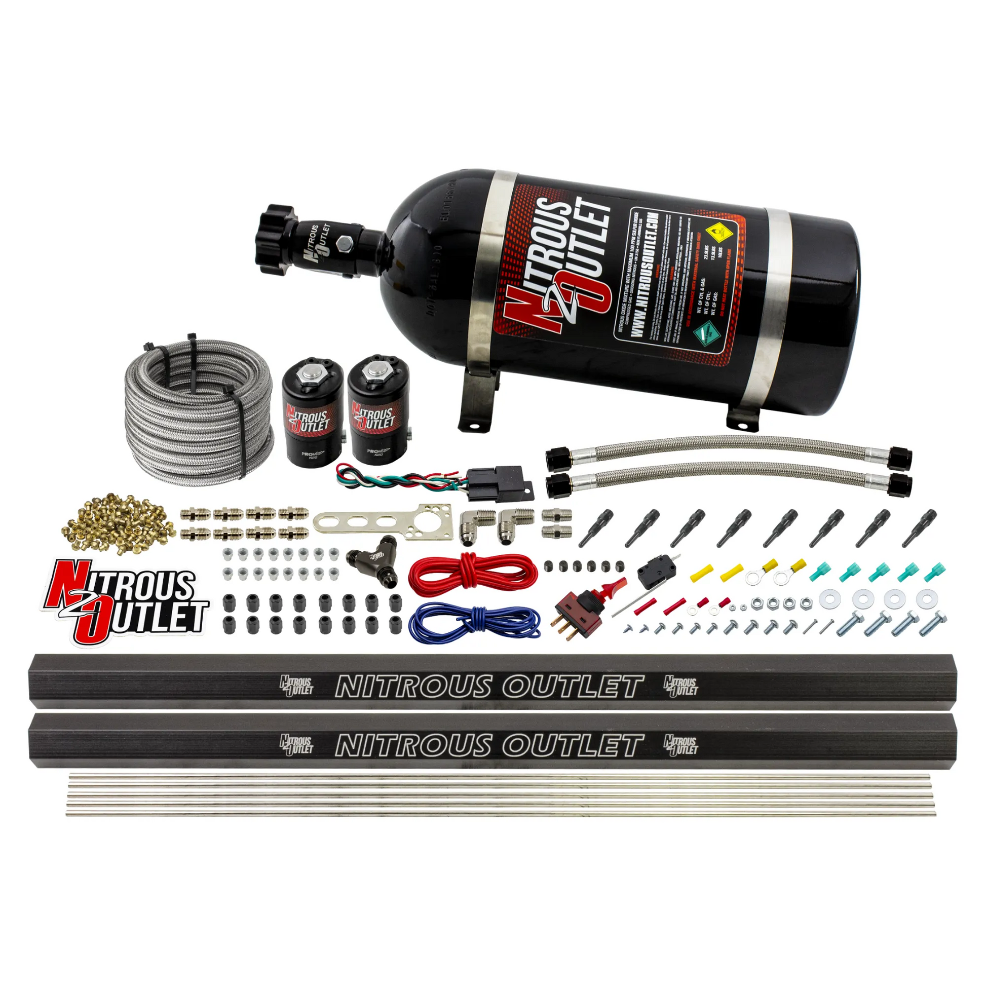 Nitrous Outlet Dry 8 Cylinder Direct Port System - Two .122 Nitrous Solenoids/Two Injection Rails/SBT Discharge Nozzles (100-400HP)(12lb Bottle)