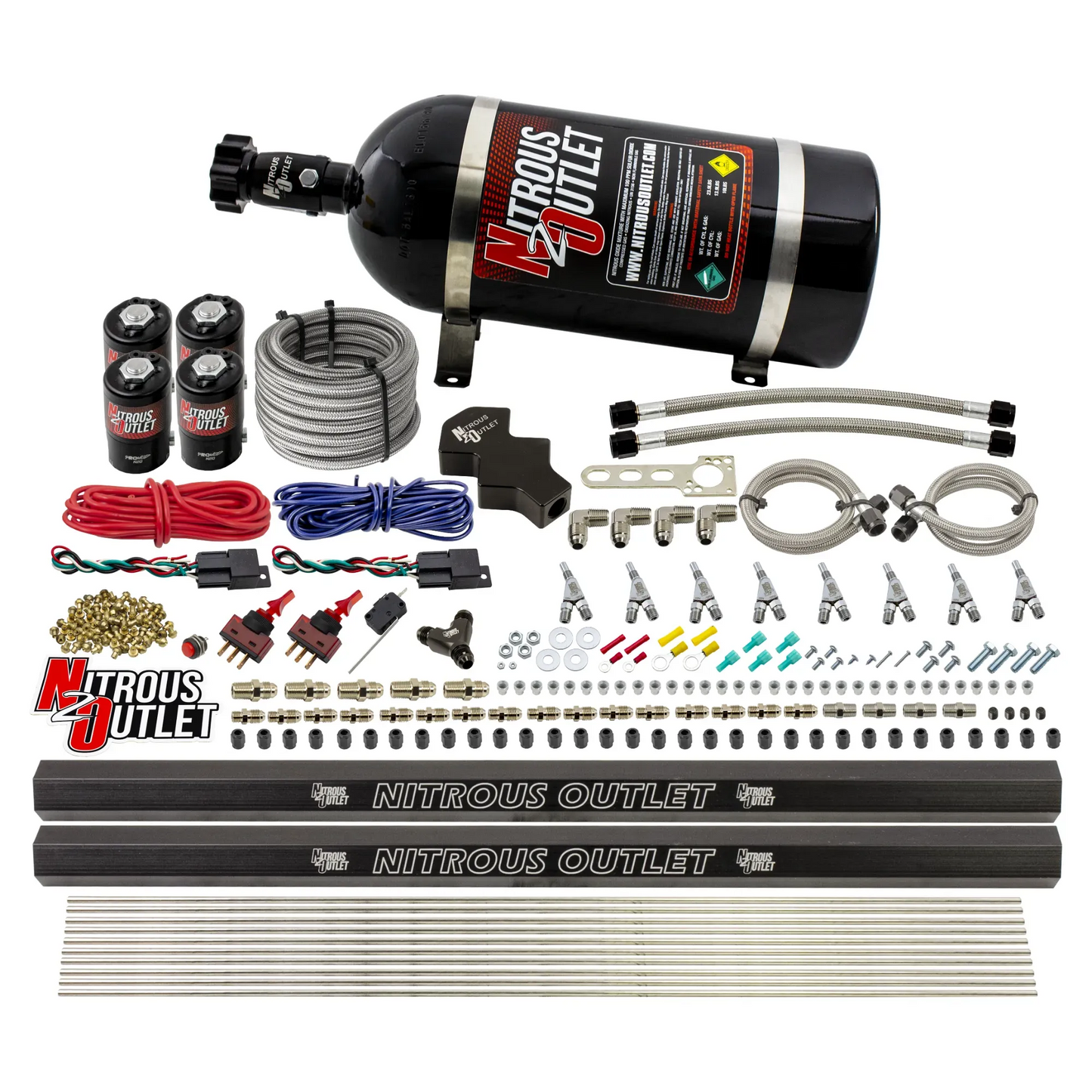 Nitrous Outlet Dry 8 Cylinder Direct Port System - Four .122 Nitrous Solenoids/Two Dual Passage Injection Rails/SBT Dual Passage Nozzles (100-400HP)(15lb Bottle)