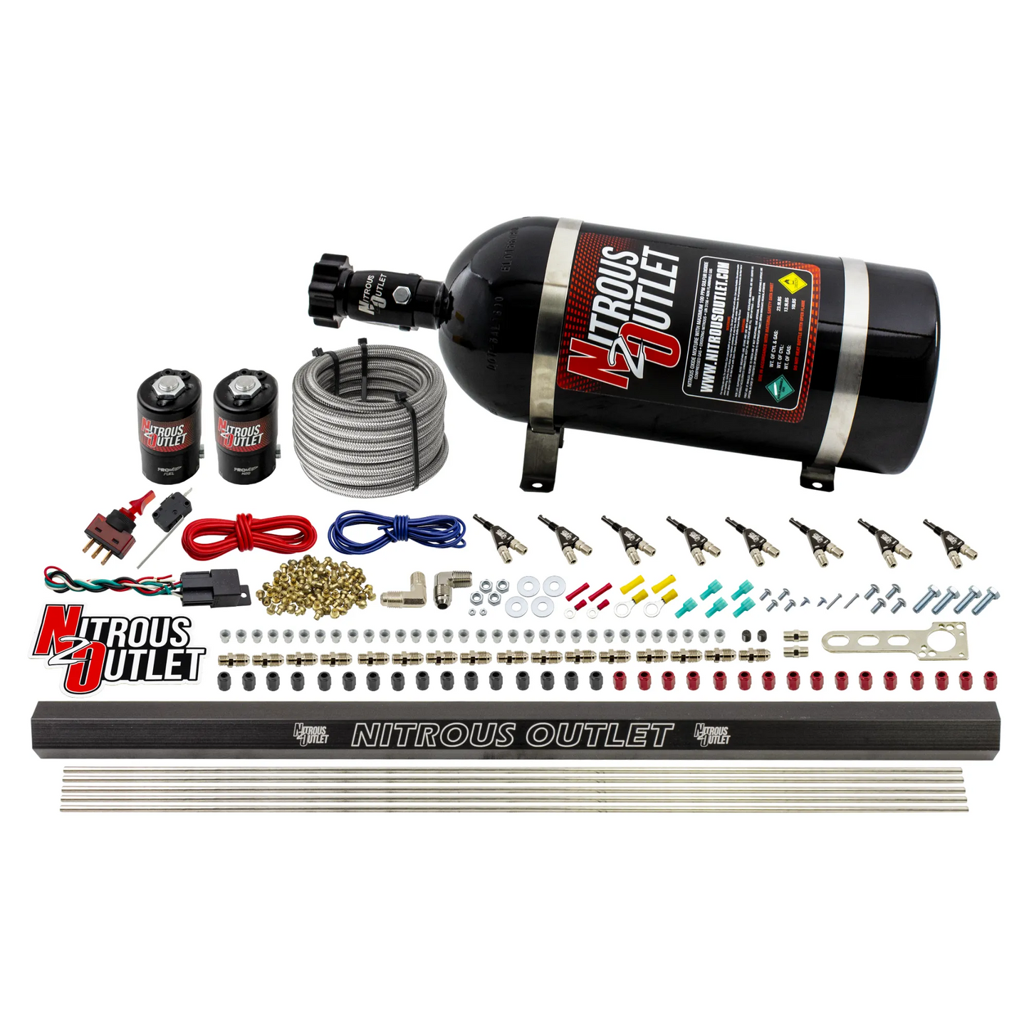 Nitrous Outlet 8 Cylinder Direct Port System - .122 Nitrous Solenoid/.310 Fuel Solenoid/Dual Passage Injection Rail/90 Degree Discharge Nozzles (Alcohol)(5-7-10 psi)(100-400HP)(10lb Bottle)