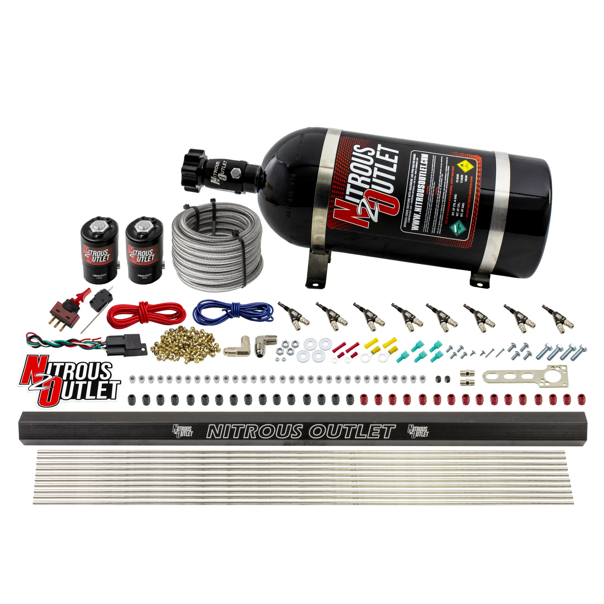 Nitrous Outlet 8 Cylinder Direct Port System - .122 Nitrous Solenoid/.310 Fuel Solenoid/Dual Passage Injection Rail/90 Degree Discharge Nozzles (Gas)(5-7-10 psi)(100-400HP)(12lb Bottle)