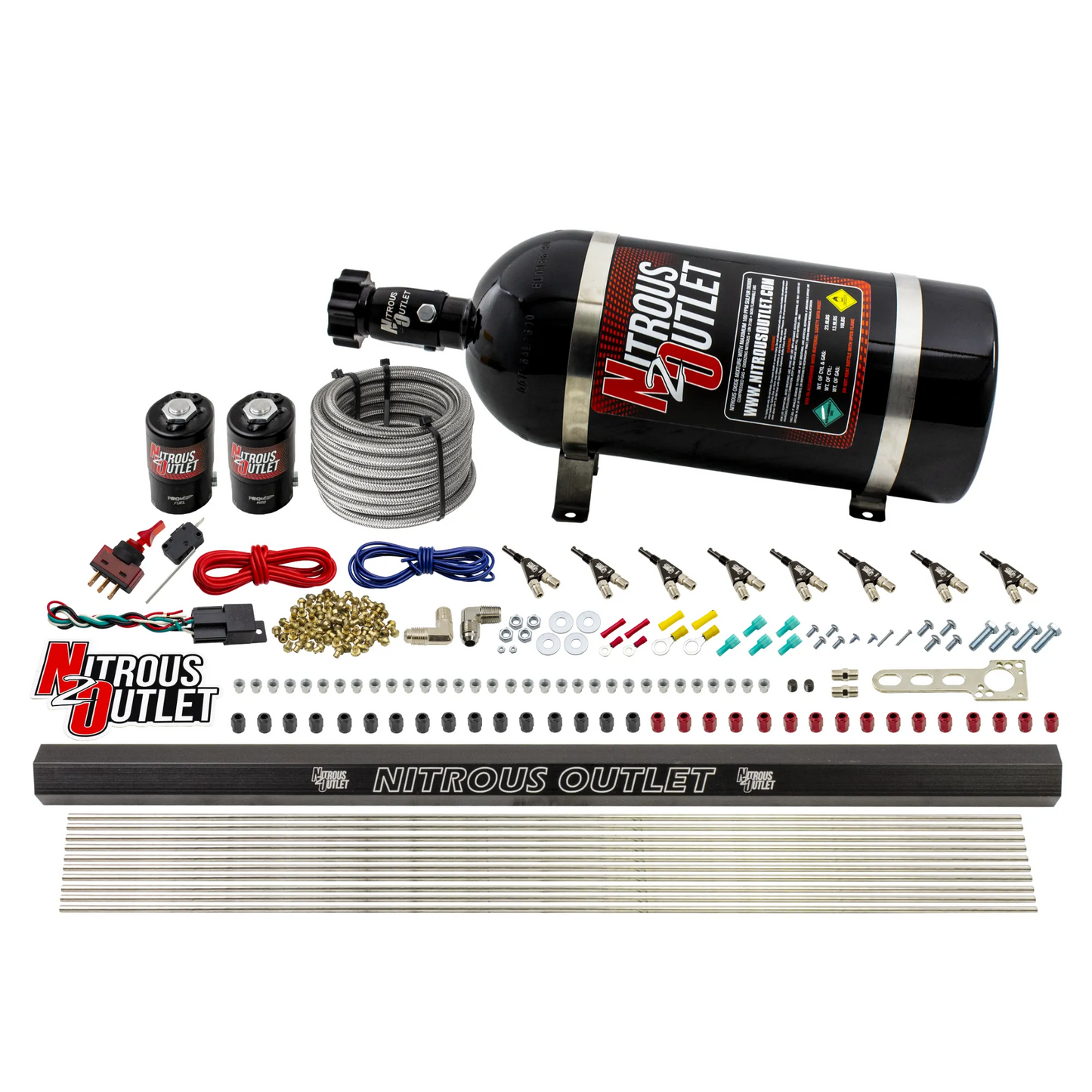 Nitrous Outlet 8 Cylinder Direct Port System - .122 Nitrous Solenoid/.310 Fuel Solenoid/Dual Passage Injection Rail/90 Degree Discharge Nozzles (Gas)(5-7-10 psi)(100-400HP)(10lb Bottle)