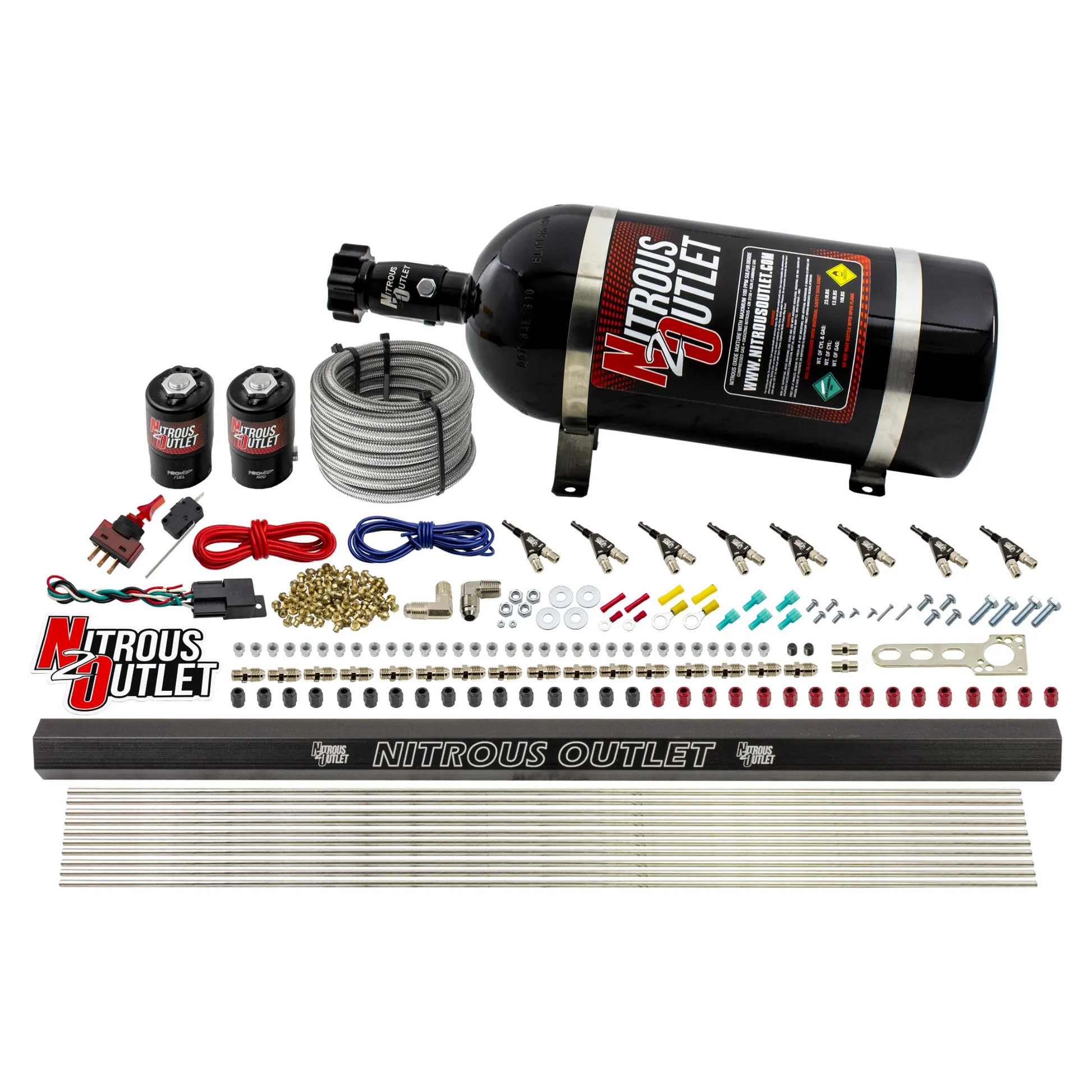 Nitrous Outlet 8 Cylinder Direct Port System - .122 Nitrous Solenoid/.310 Fuel Solenoid/Dual Passage Injection Rail/90 Degree Discharge Nozzles (E85)(45-55 psi)(100-400HP)(10lb Bottle)