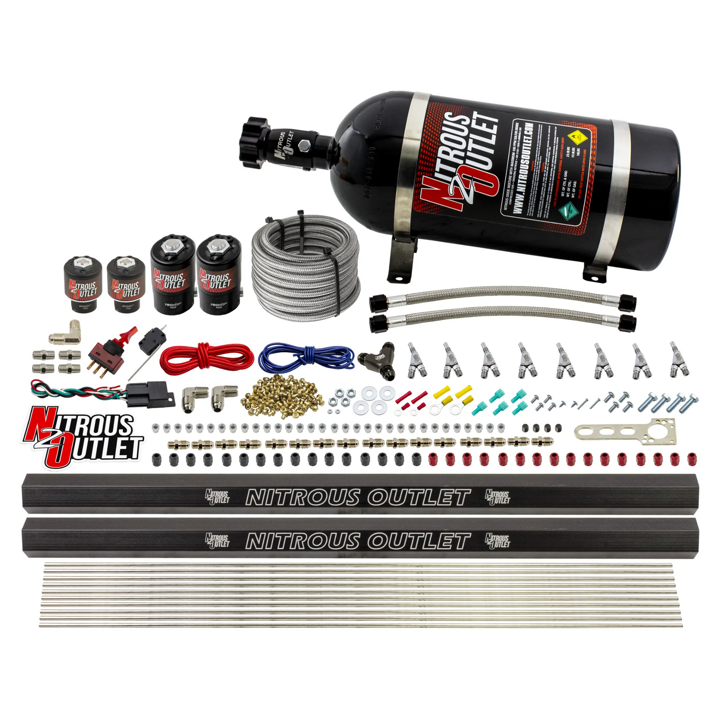 Nitrous Outlet 8 Cylinder Direct Port System - Two .122 Nitrous Solenoids/Two .177 Fuel Solenoids/Two Dual Passage Injection Rails/Annular Discharge Nozzles (Alcohol)(5-7-10 psi)(100-400HP)(No Bottle)