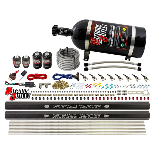 Nitrous Outlet 8 Cylinder Direct Port System - Two .112 Nitrous Solenoids/Two .177 Fuel Solenoids/Two Dual Passage Injection Rails/90 Degree Discharge Nozzles (Alcohol)(5-7-10 psi)(100-400HP)(15lb Bottle)