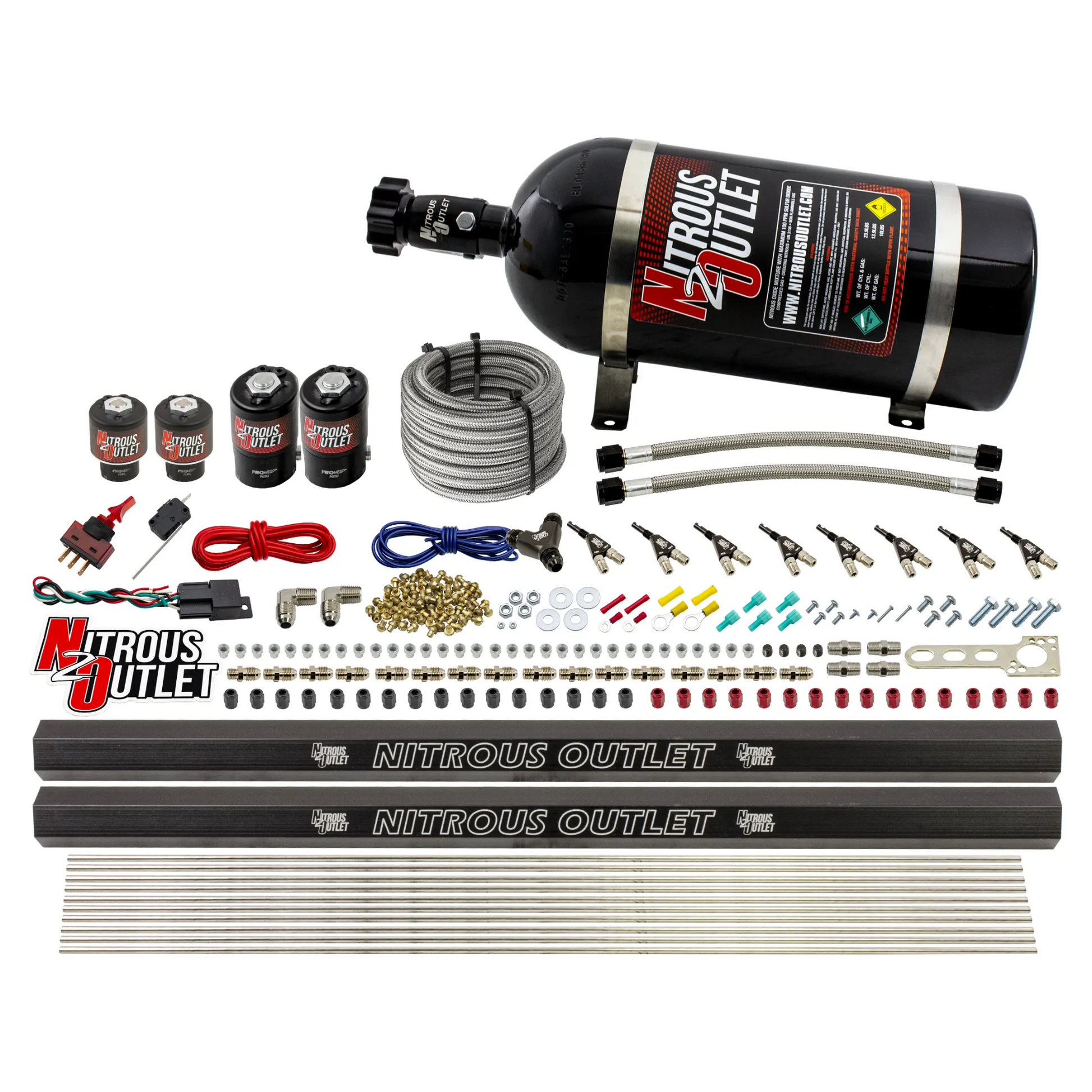 Nitrous Outlet 8 Cylinder Direct Port System - Two .112 Nitrous Solenoids/Two .177 Fuel Solenoids/Two Dual Passage Injection Rails/90 Degree Discharge Nozzles (E85)(5-7-10 psi)(100-400HP)(15lb Bottle)
