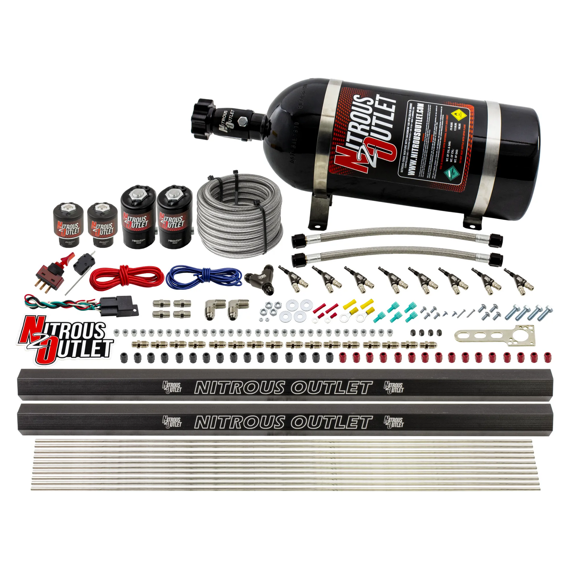 Nitrous Outlet 8 Cylinder Direct Port System - Two .122 Nitrous Solenoids/Two .177 Fuel Solenoids/Two Dual Passage Injection Rails/90 Degree Discharge Nozzles (Gas)(5-7-10 psi)(100-400HP)(12lb Bottle)