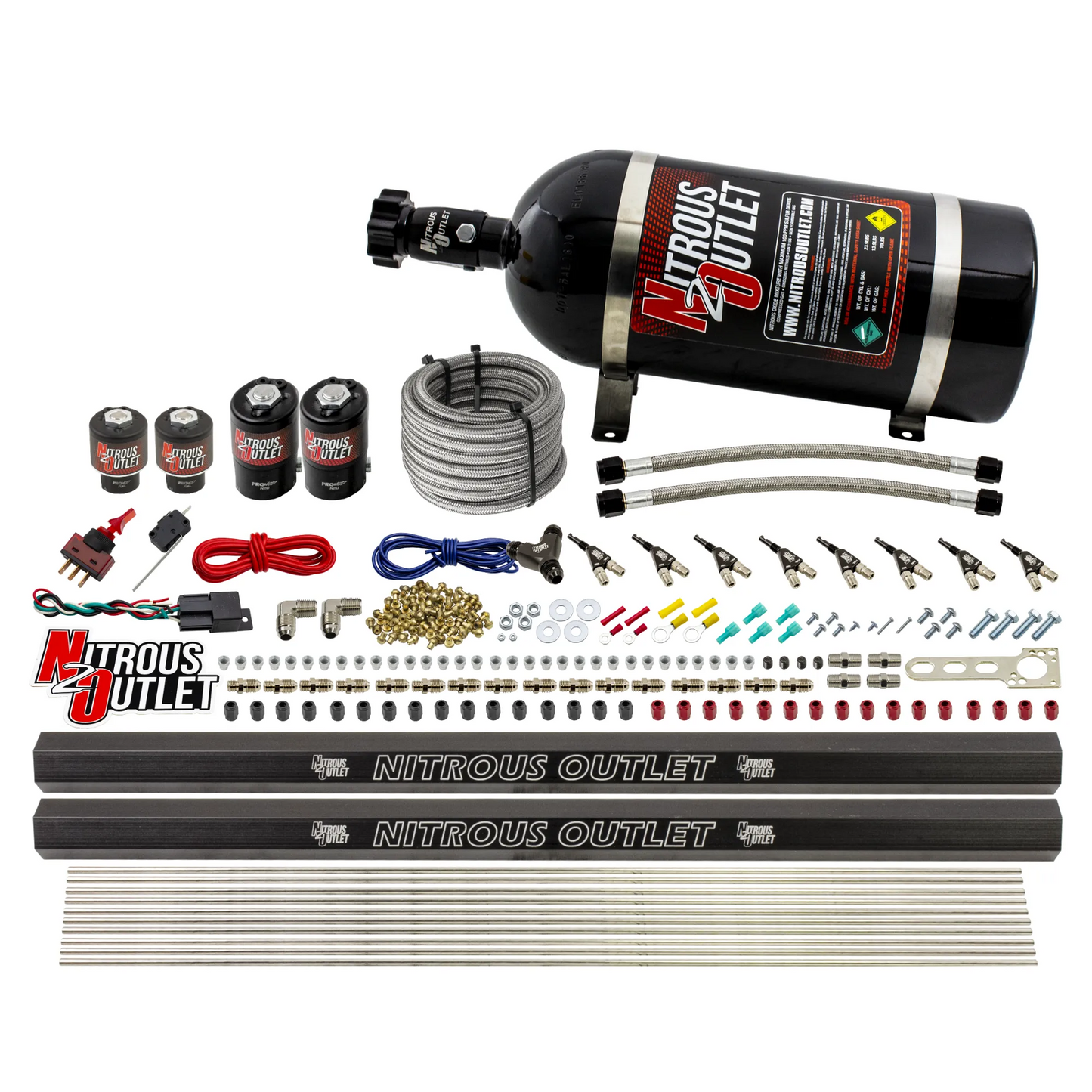 Nitrous Outlet 8 Cylinder Direct Port System - Two .112 Nitrous Solenoids/Two .177 Fuel Solenoids/Two Dual Passage Injection Rails/90 Degree Discharge Nozzles (Gas)(5-7-10 psi)(100-400HP)(15lb Bottle)