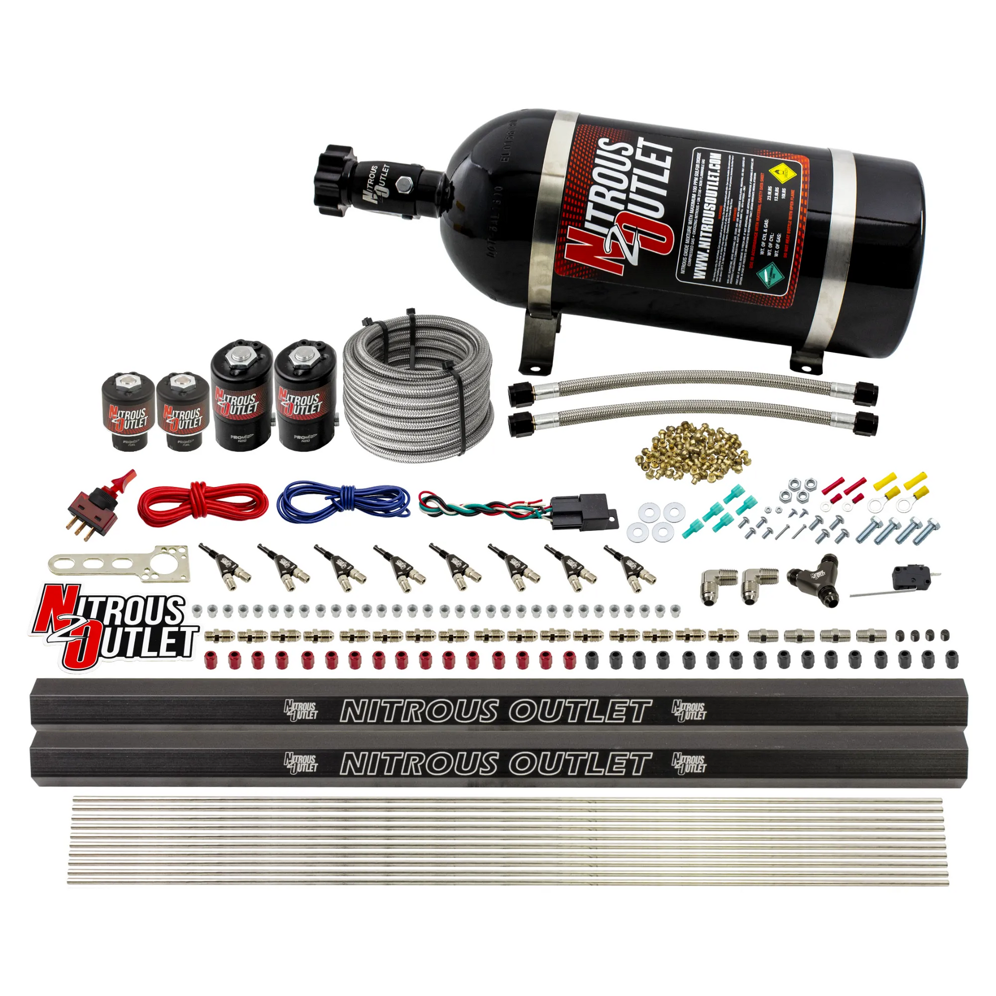 Nitrous Outlet 8 Cylinder Direct Port System - Two .112 Nitrous Solenoids/Two .177 Fuel Solenoids/Two Dual Passage Injection Rails/90 Degree Discharge Nozzles (E85)(45-55 psi)(100-400HP)(12lb Bottle)