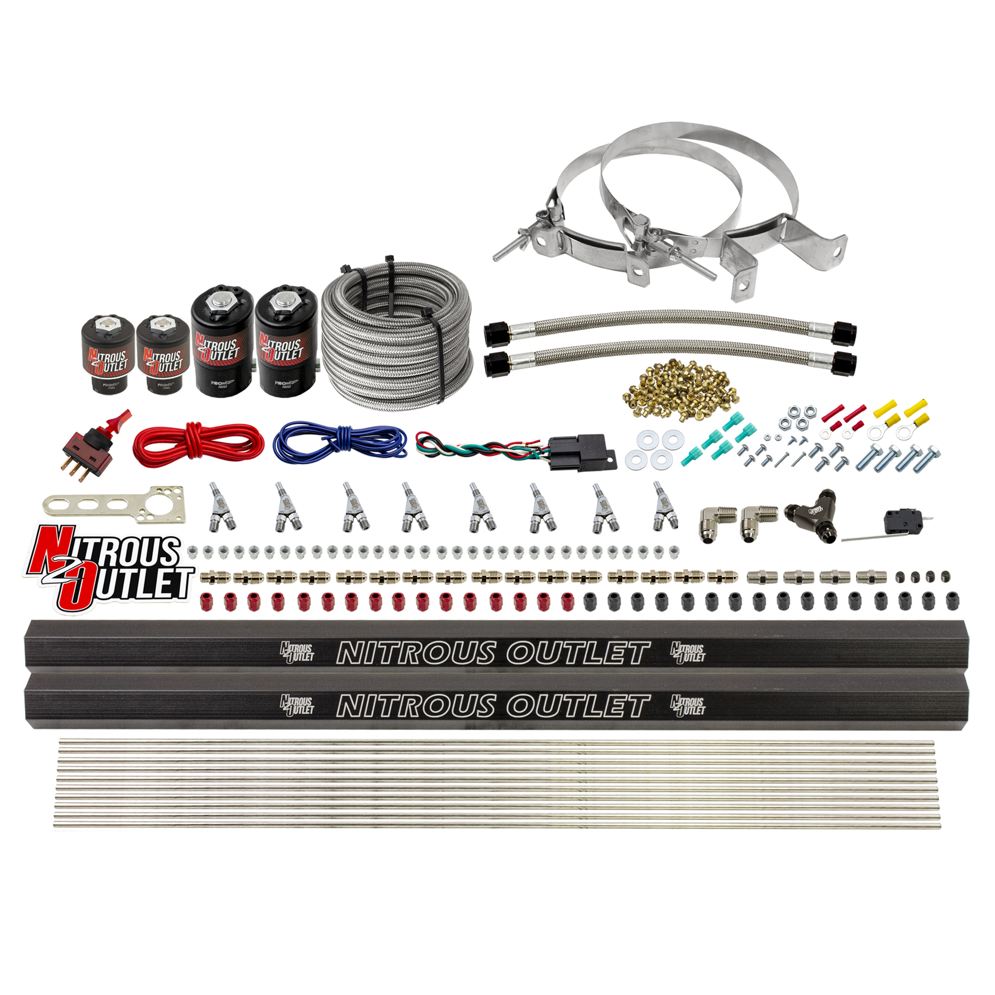Nitrous Outlet 8 Cylinder Direct Port System - Two .112 Nitrous Solenoids/Two .177 Fuel Solenoids/Two Dual Passage Injection Rails/Annular Discharge Nozzles (Gas)(45-55 psi)(100-400HP)(10lb Bottle)