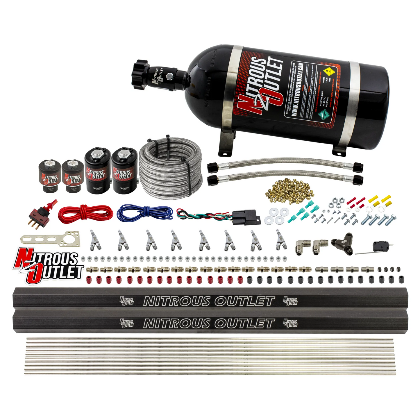 Nitrous Outlet 8 Cylinder Direct Port System - Two .112 Nitrous Solenoids/Two .177 Fuel Solenoids/Two Dual Passage Injection Rails/Annular Discharge Nozzles (E85)(45-55 psi)(100-400HP)(15lb Bottle)