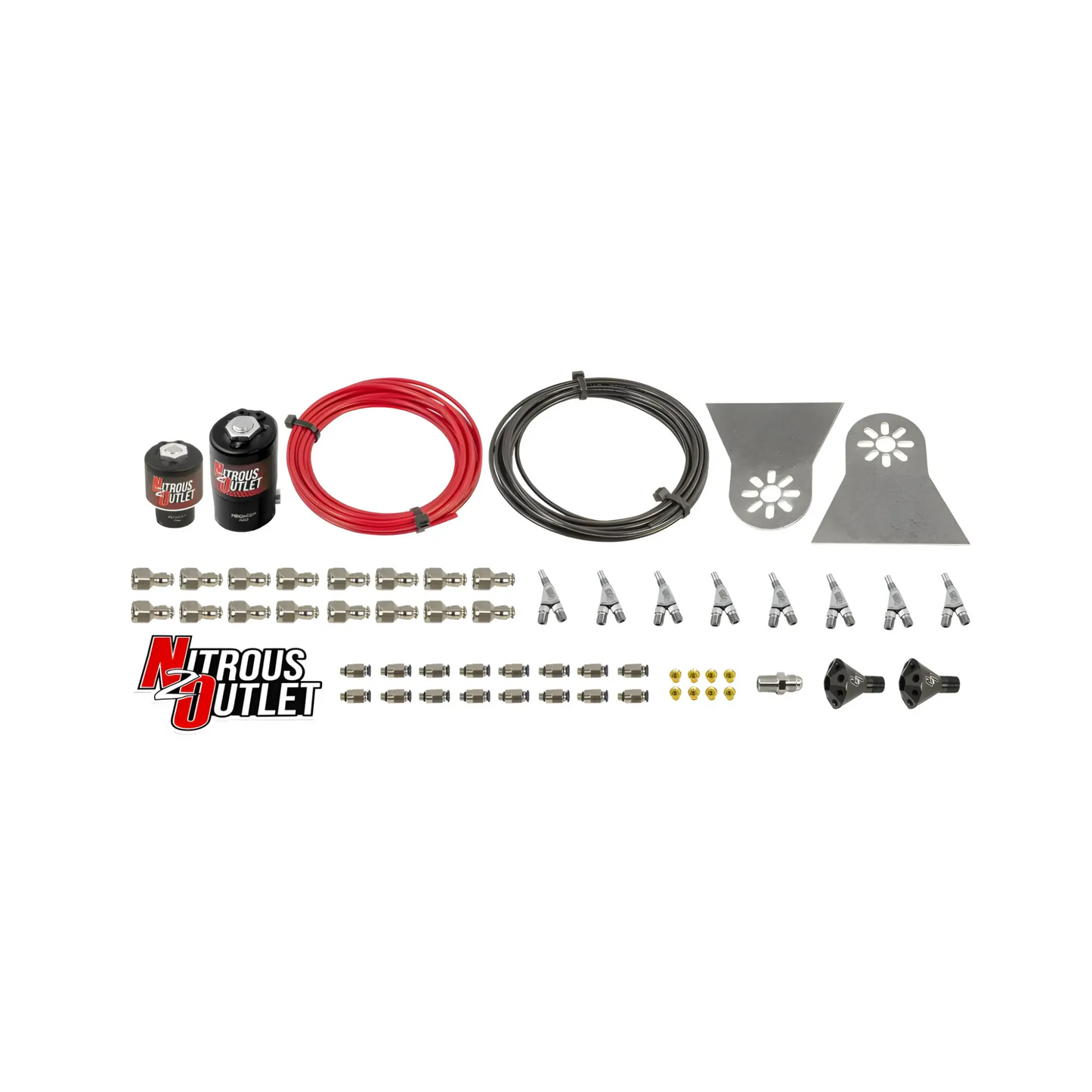 Nitrous Outlet 8 Cylinder Solenoids forward Direct Port Conversion Kit  - .122 Nitrous Solenoid/.177 Fuel Solenoid/Nylon Hose/Showerhead Distribution Blocks/Annular Discharge Nozzles (Includes 200HP Jetting - Gas/7 psi)