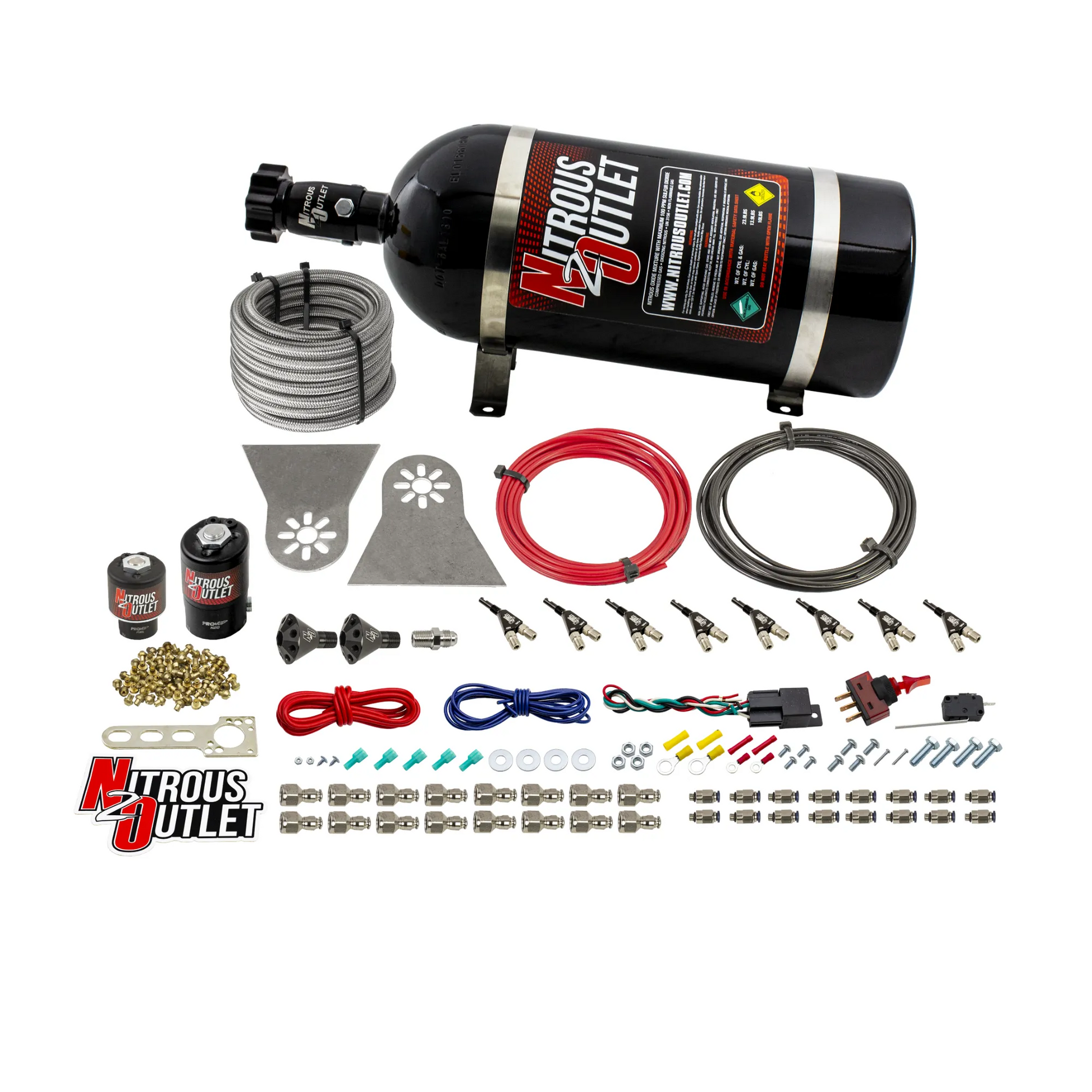 Nitrous Outlet 8 Cylinder Direct Port System - .122 Nitrous Solenoids/.177 Fuel Solenoids/Nylon Hose/Showerhead Distribution Blocks/90 Degree Discharge Nozzles (Gas)(5-7-10 psi)(100-500HP)(10lb Bottle)