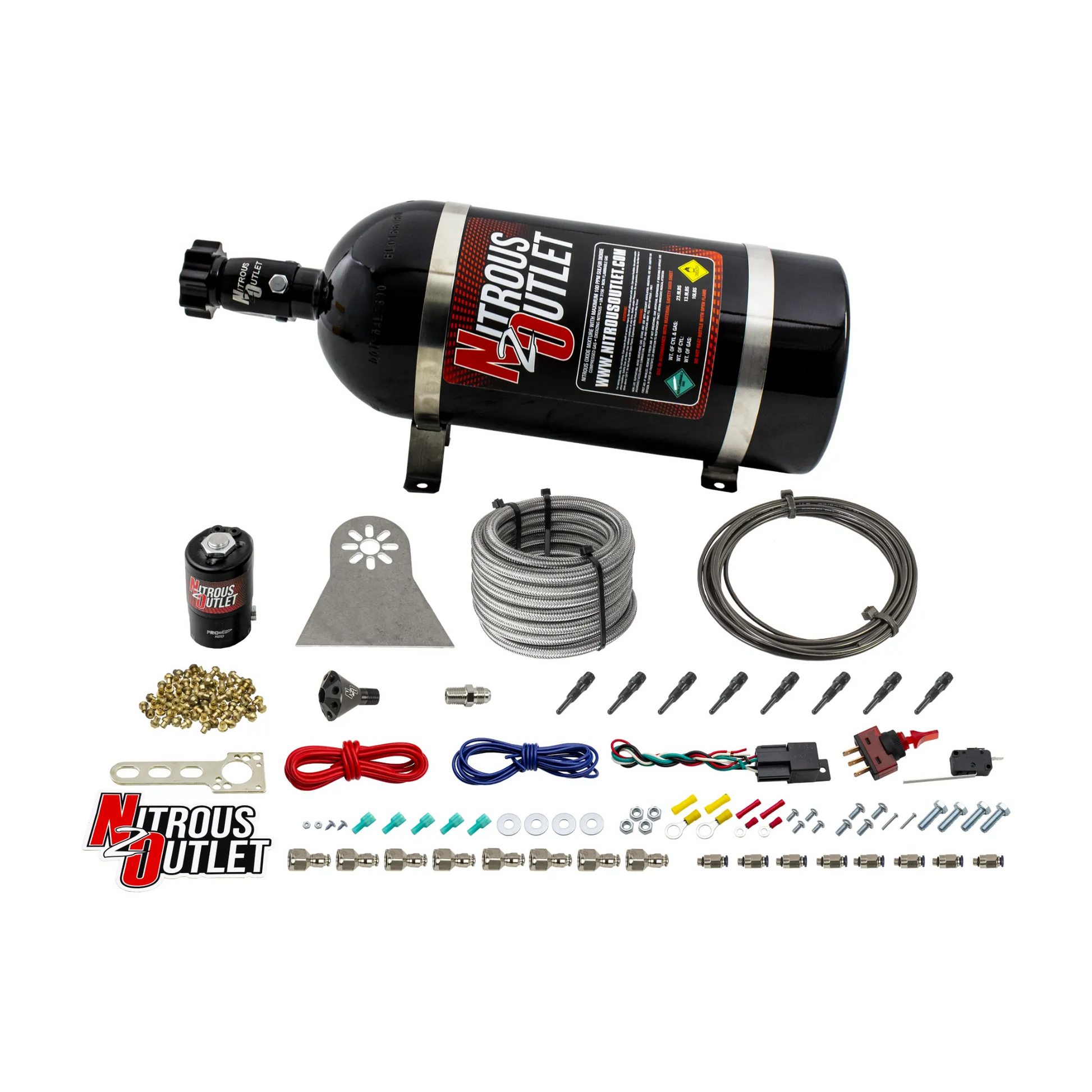 Nitrous Outlet Dry 8 Cylinder Direct Port System - .122 Nitrous Solenoids/Nylon Hose/Showerhead Distribution Blocks/90 Degree Discharge Nozzles (100-500HP)(No Bottle)