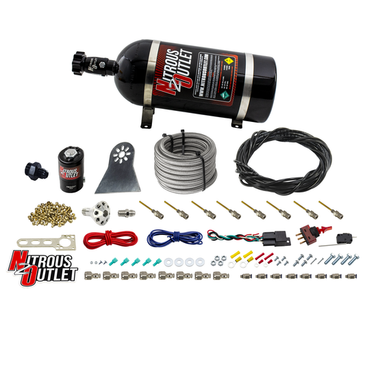 Nitrous Outlet Dry 8 Cylinder Direct Port System - .122 Nitrous Solenoids/Nylon Hose/Showerhead Distribution Blocks/Plate Fittings (100-500HP)(12lb Bottle)