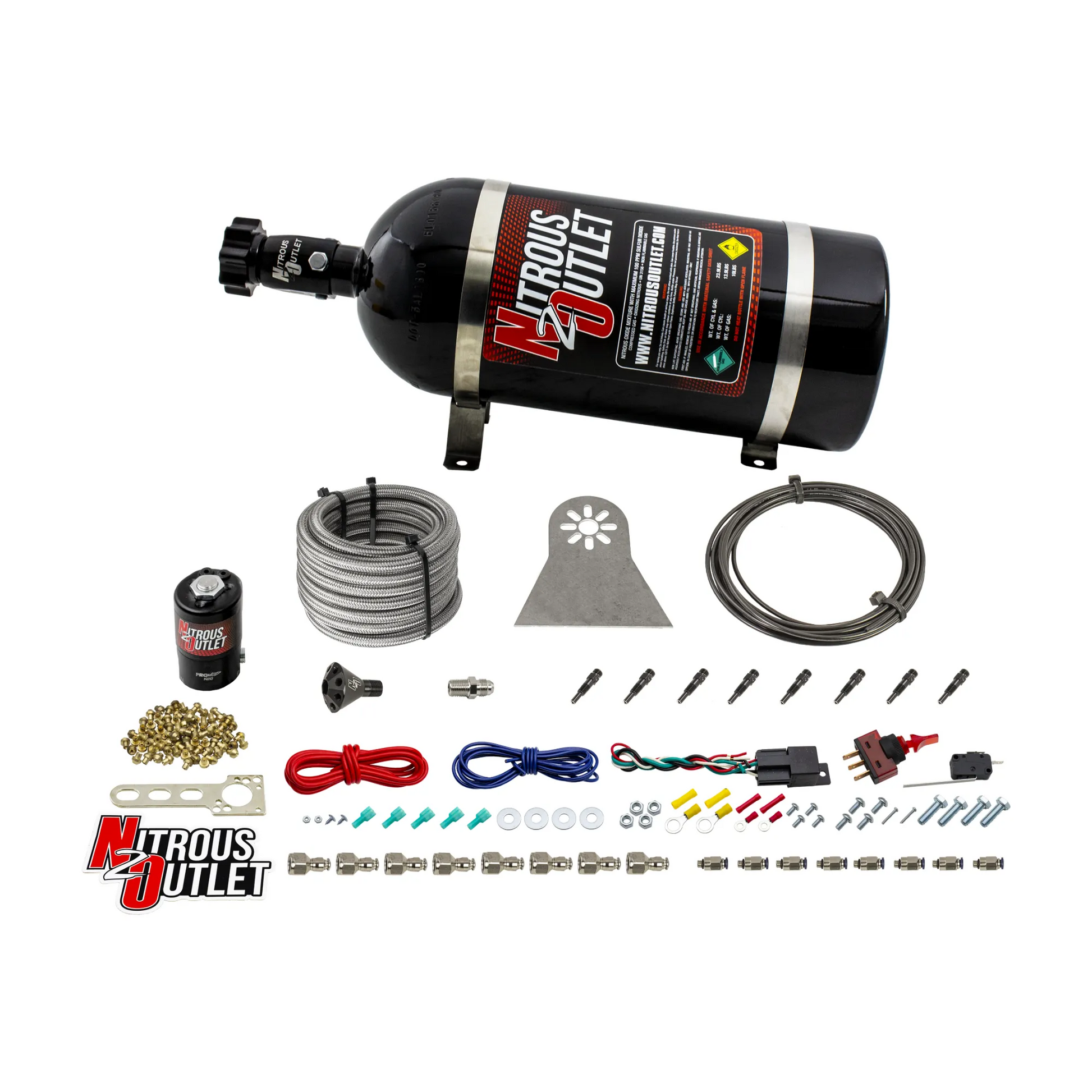 Nitrous Outlet Dry 8 Cylinder Direct Port System - .122 Nitrous Solenoids/Nylon Hose/Showerhead Distribution Blocks/Straight Discharge Nozzles (100-500HP)(No Bottle)