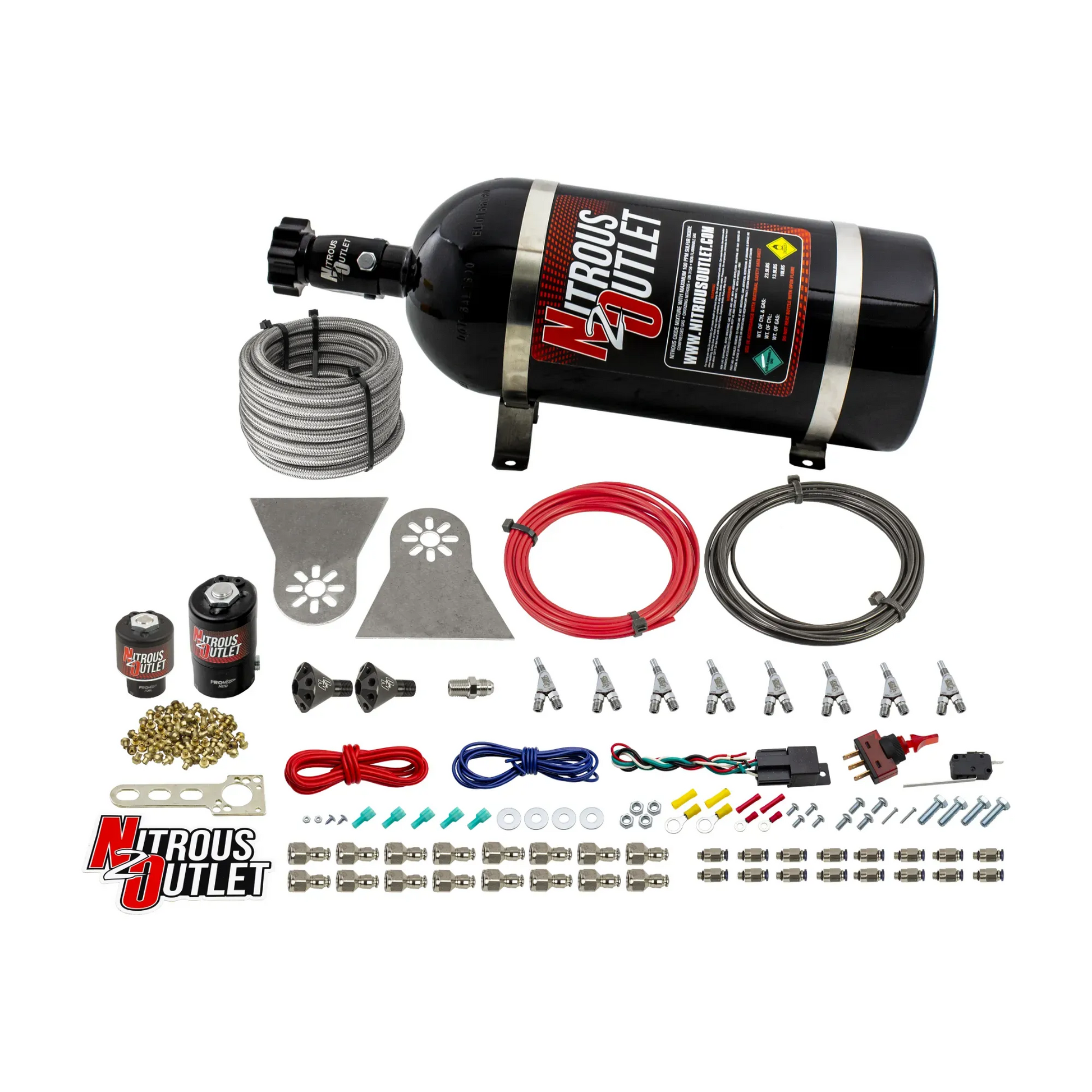 Nitrous Outlet 8 Cylinder Direct Port System - .112 Nitrous Solenoids/.177 Fuel Solenoids/Nylon Hose/Showerhead Distribution Blocks/Annular Discharge Nozzles (Gas)(5-7-10 psi)(100-400HP)(15lb Bottle)