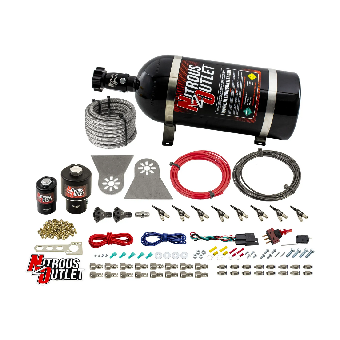Nitrous Outlet 8 Cylinder Direct Port System - .178 Trashcan Nitrous Solenoids/.310 Fuel Solenoids/Nylon Hose/Showerhead Distribution Blocks/90 Degree Discharge Nozzles (Gas)(5-7-10 psi)(100-600HP)(No Bottle)