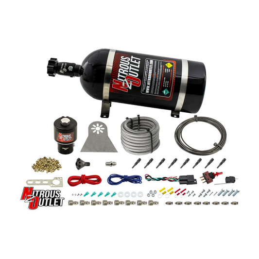 Nitrous Outlet Dry 8 Cylinder Direct Port System - .178 Trashcan Nitrous Solenoids/Nylon Hose/Showerhead Distribution Blocks/90 Degree Discharge Nozzles (100-600HP)(15lb Bottle)