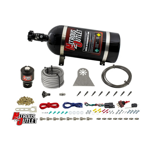 Nitrous Outlet Dry 8 Cylinder Direct Port System - .178 Trashcan Nitrous Solenoids/Nylon Hose/Showerhead Distribution Blocks/Straight Discharge Nozzles (100-600HP)(12lb Bottle)