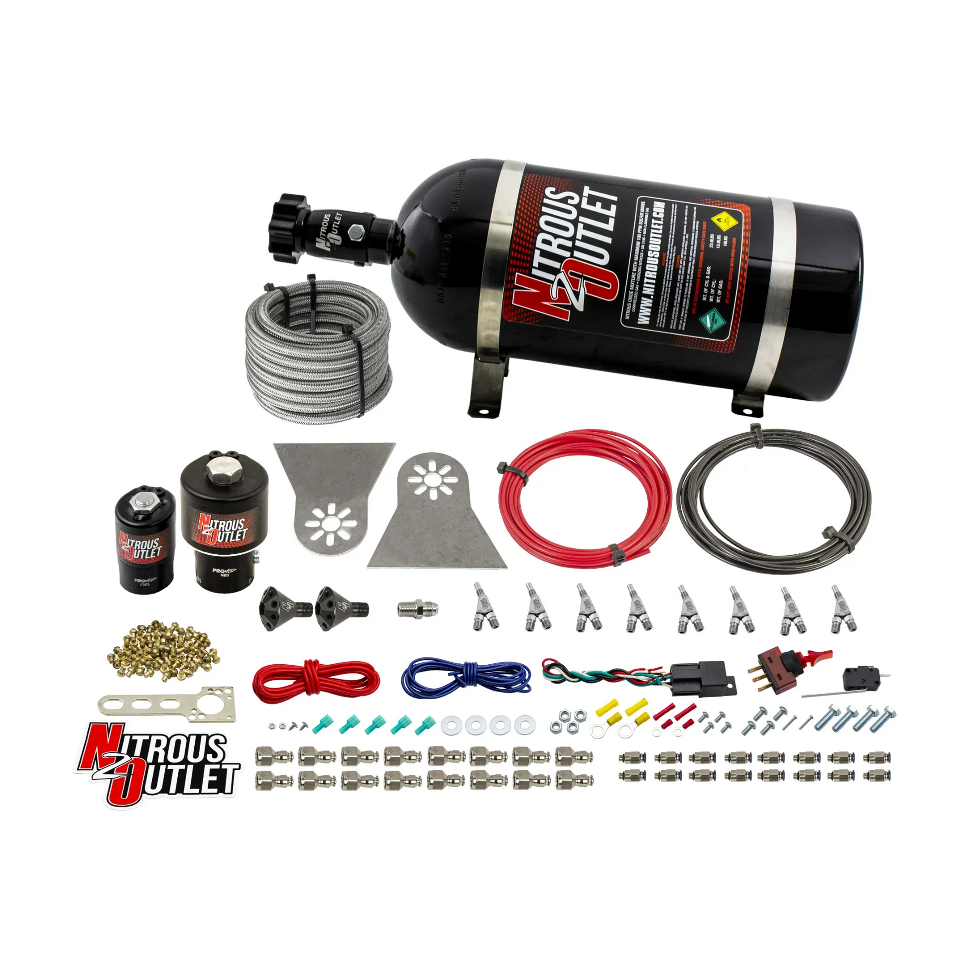 Nitrous Outlet 8 Cylinder Direct Port System - .178 Trashcan Nitrous Solenoids/.310 Fuel Solenoids/Nylon Hose/Showerhead Distribution Blocks/Annular Discharge Nozzles (Gas)(45-55 psi)(100-600HP)(15lb Bottle)
