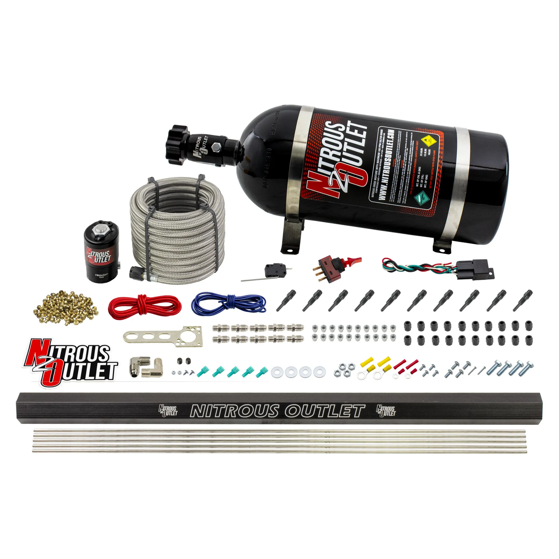 Nitrous Outlet Dry 10 Cylinder Direct Port System - .122 Nitrous Solenoid/Injection Rail/90 Degree Discharge Nozzles (125-375HP)(15lb Bottle)