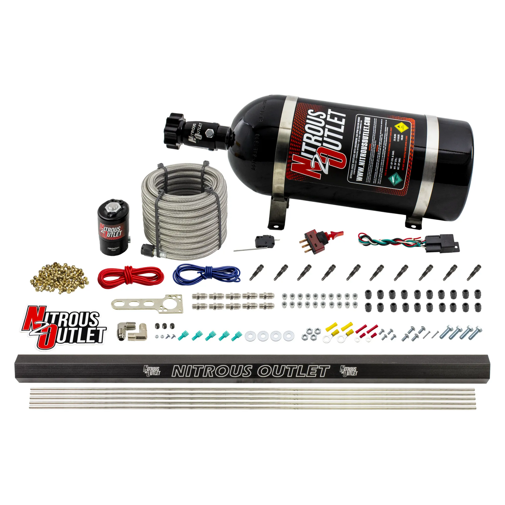 Nitrous Outlet Dry 10 Cylinder Direct Port System - .122 Nitrous Solenoid/Injection Rail/SBT  Discharge Nozzles (125-375HP)(12lb Bottle)