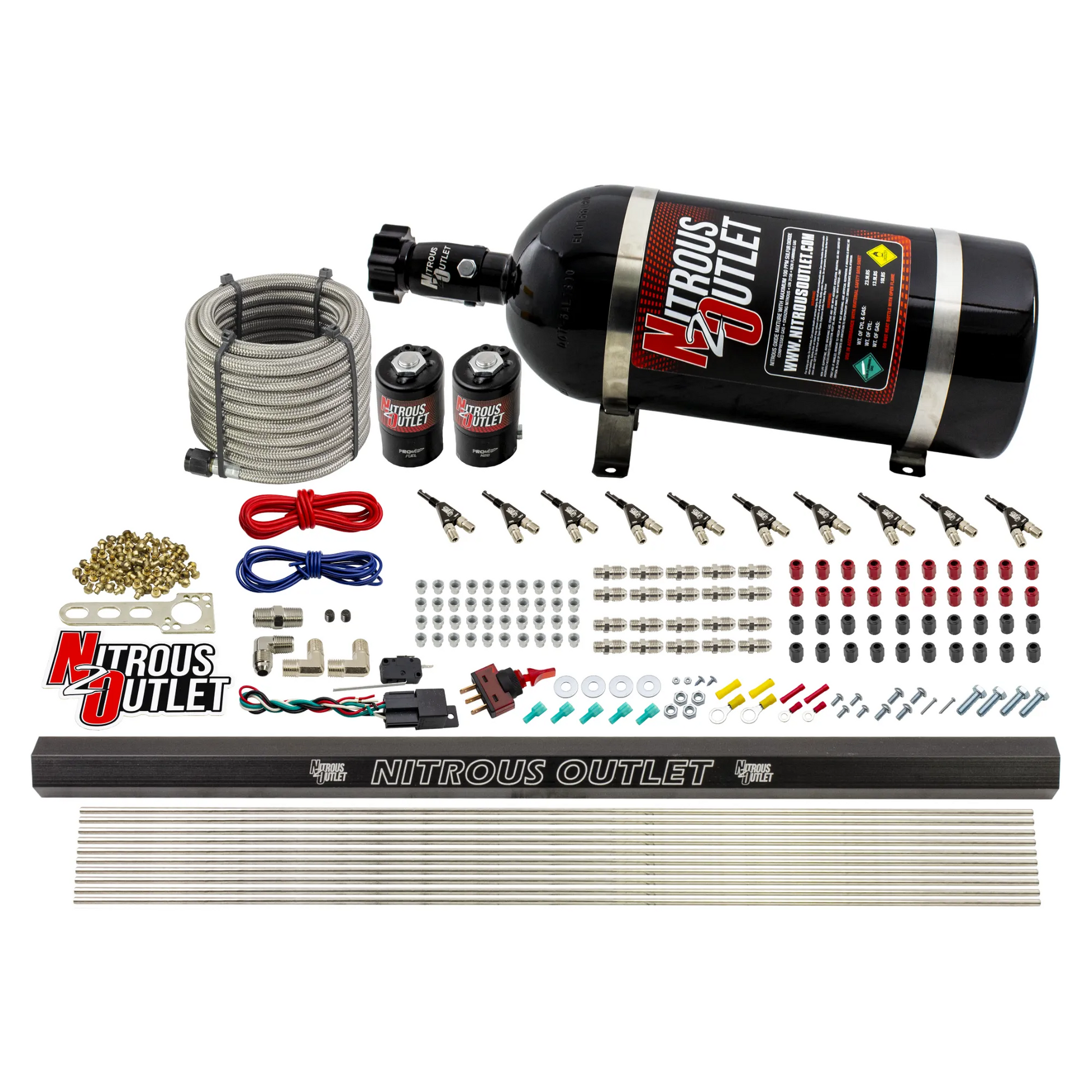 Nitrous Outlet 10 Cylinder Direct Port System - .122 Nitrous Solenoid/.310 Fuel Solenoid/Dual Passage Injection Rail/90 Degree Discharge Nozzles (E85)(5-7-10 psi)(125-375HP)(12lb Bottle)